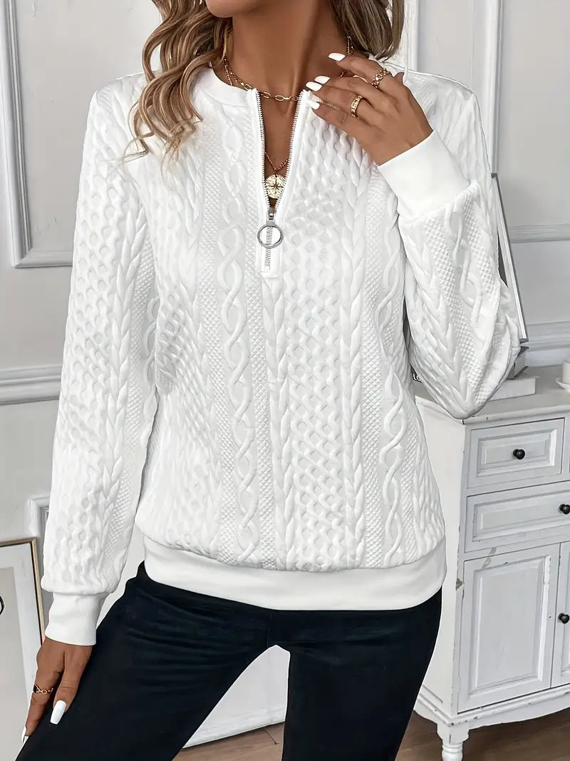 Elodie Cable Knit Zip Sweater – Soft Knit Relaxed Fit Casual Layering Top