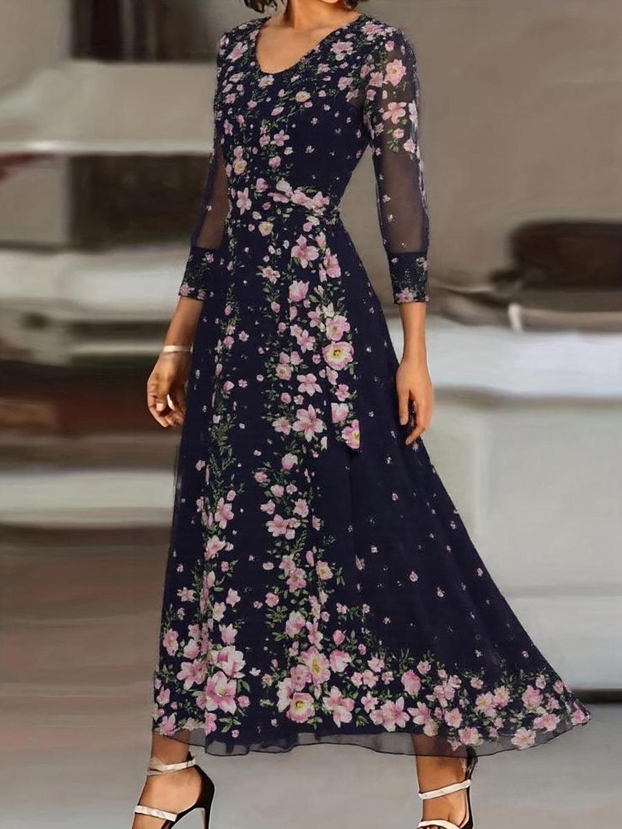 Celina Floral Maxi Dress – Elegant Flowing Sleeve with Deep Round Neckline