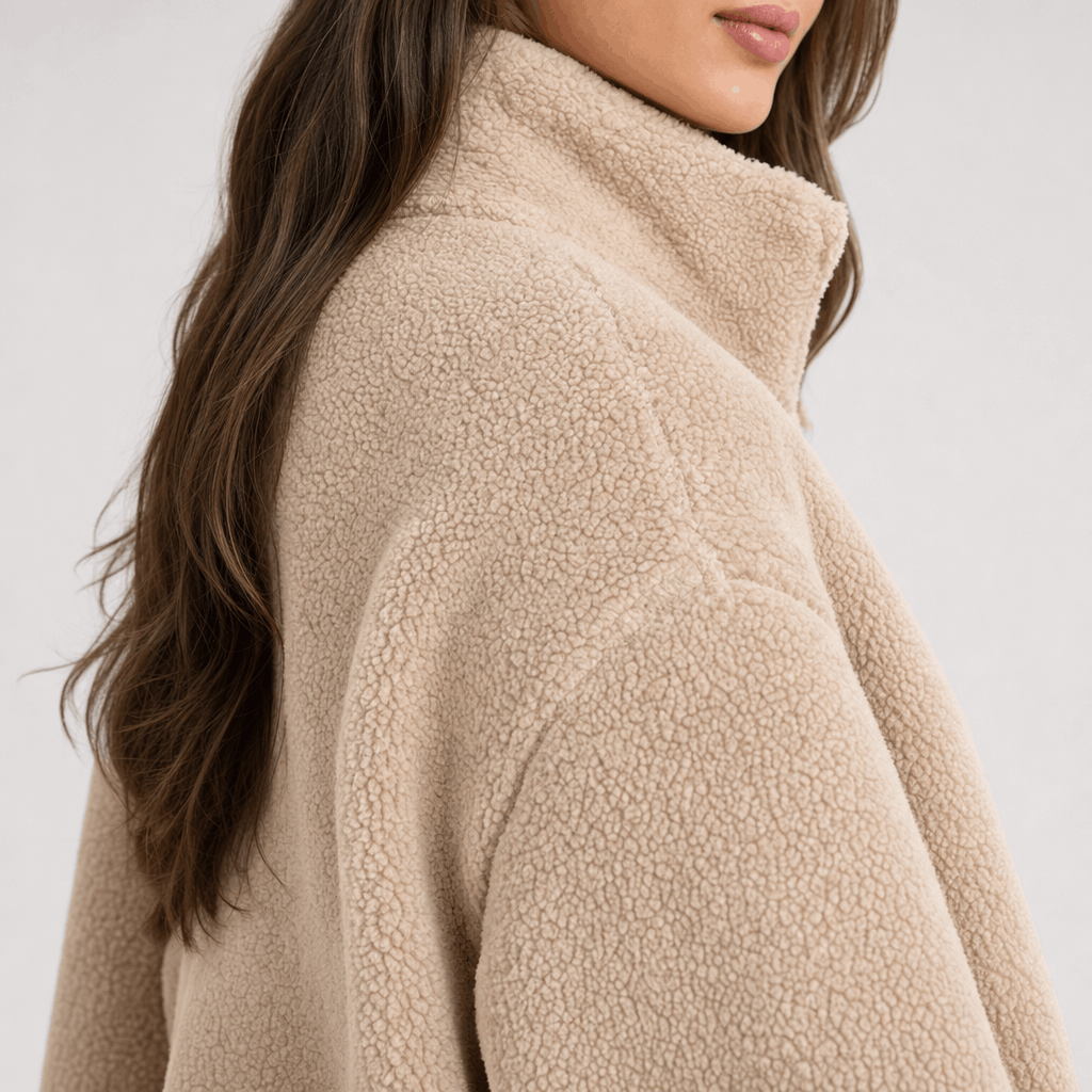 Back and side close-up of the beige sherpa jacket, showing the plush texture and relaxed fit.