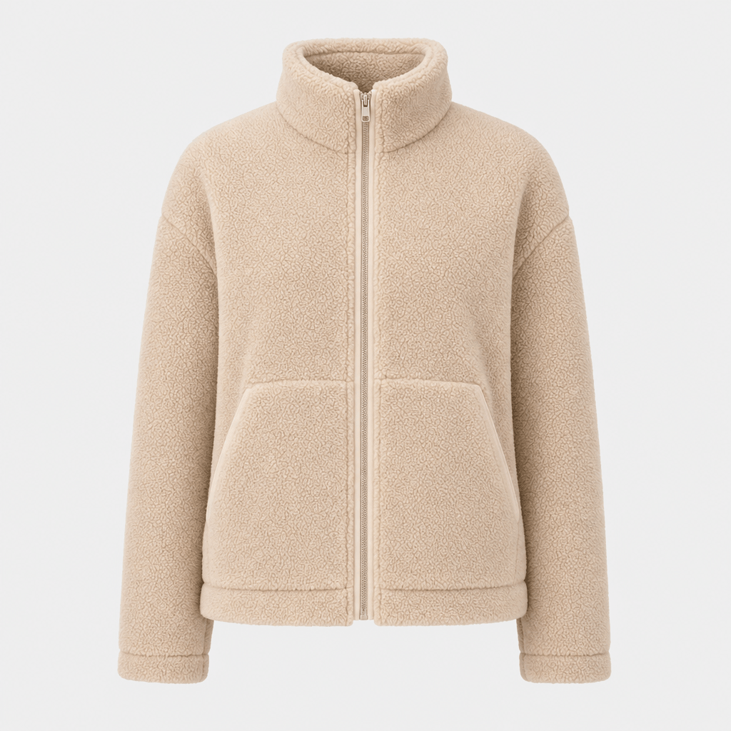 Front product view of the light beige sherpa zip-up jacket with a high collar, full zipper, and two large front patch pockets.
