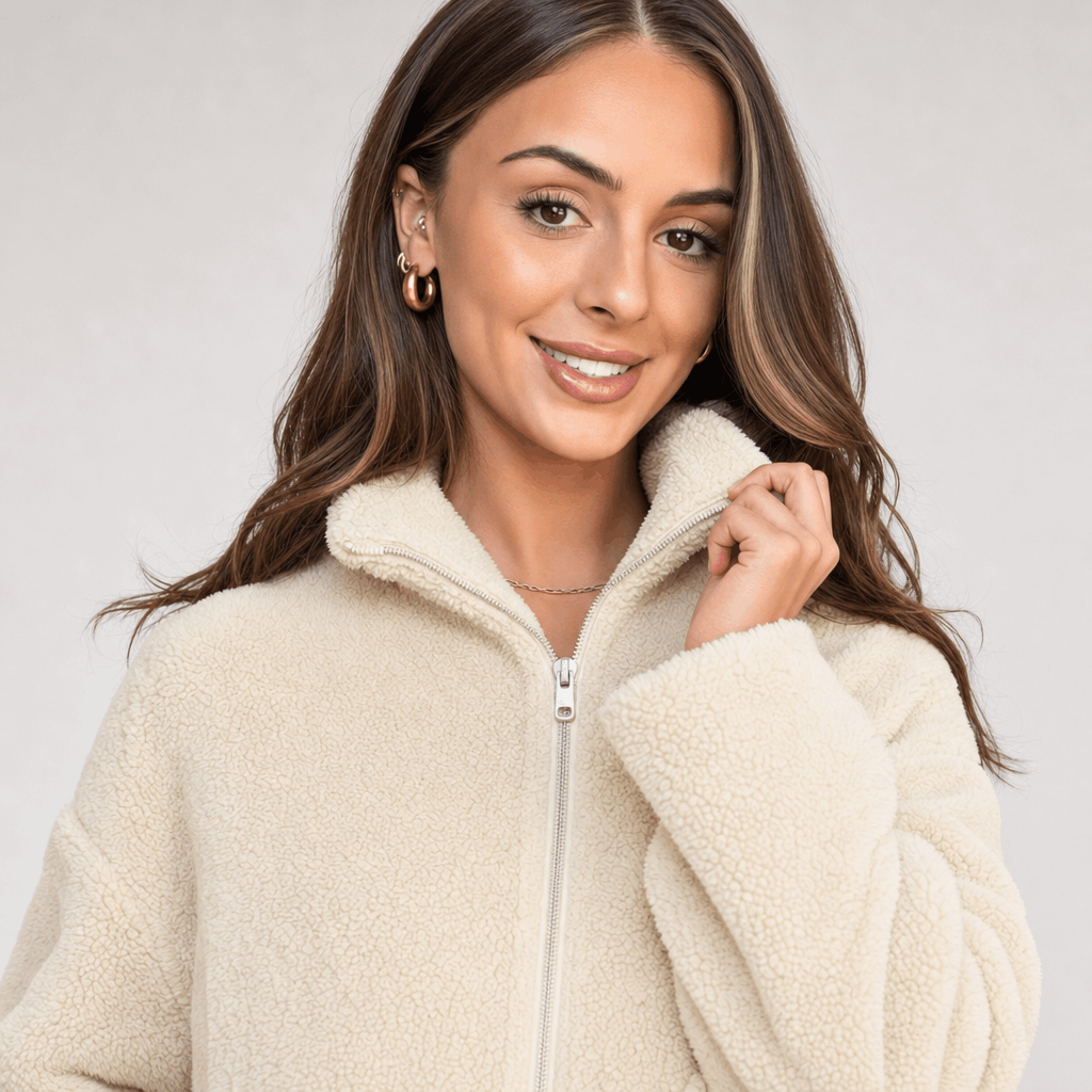 Close-up of the female model wearing a cream sherpa zip-up jacket, highlighting the plush texture and high collar.