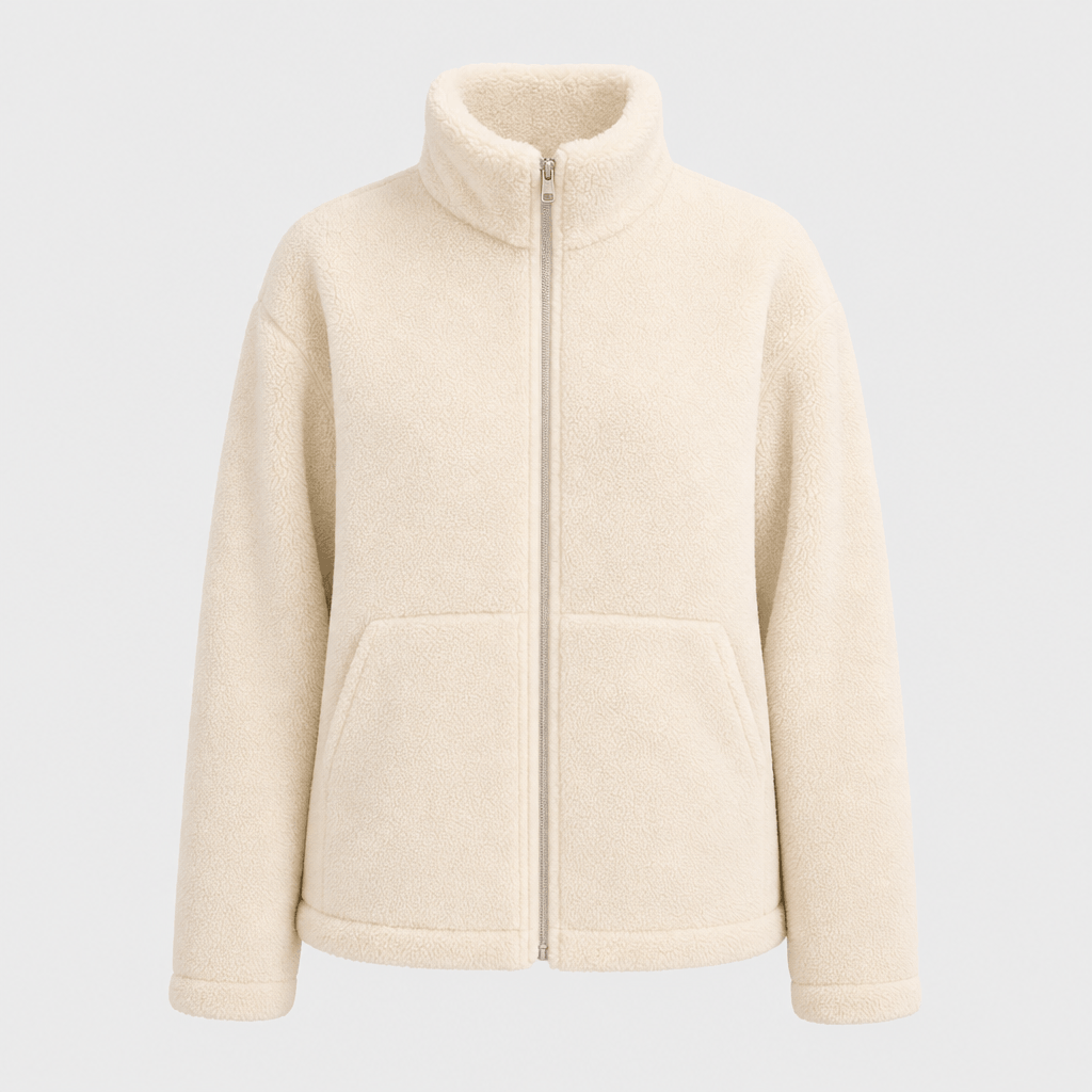 Front product view of the cream sherpa zip-up jacket with a high stand collar, full zipper, and large front patch pockets.