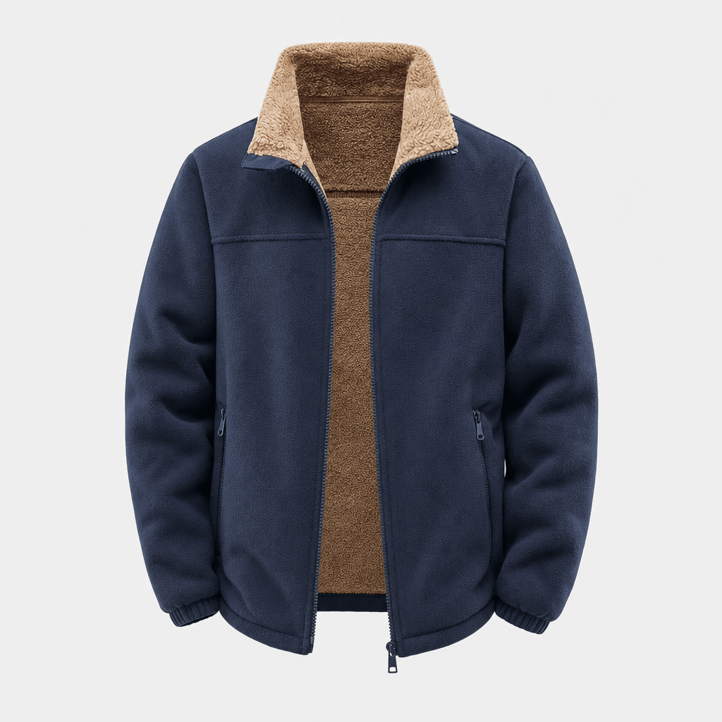 Navy blue zip-up jacket with a contrasting beige stand collar and full front zipper.