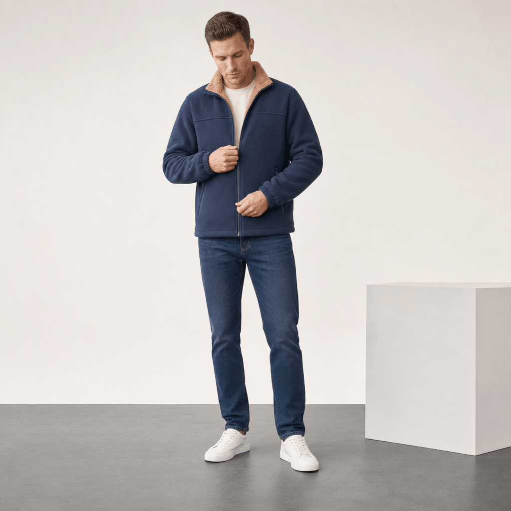 Male model wearing the navy blue jacket with dark jeans and white sneakers.
