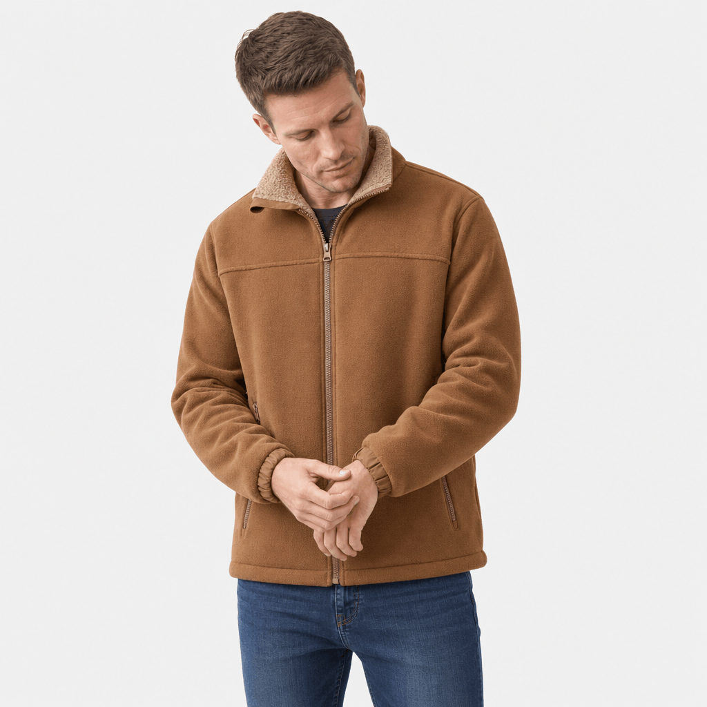 Male model wearing a camel brown zip-up jacket with a contrasting beige stand collar.