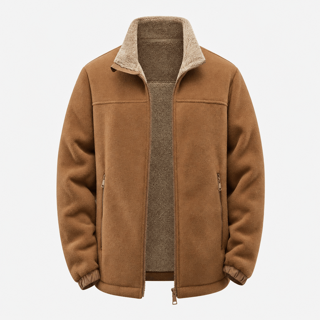 Camel brown zip-up jacket with a contrasting beige stand collar and full front zipper.