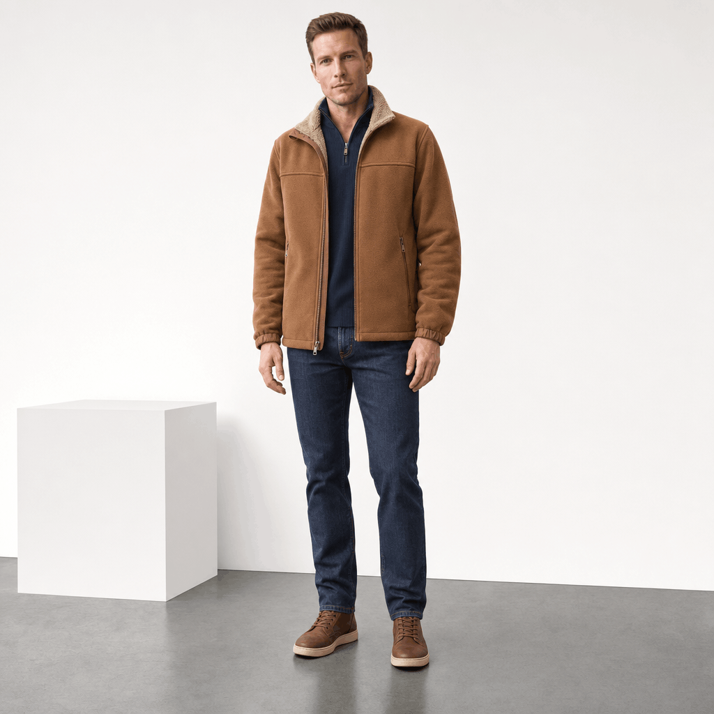 Male model wearing the camel brown jacket with dark jeans.