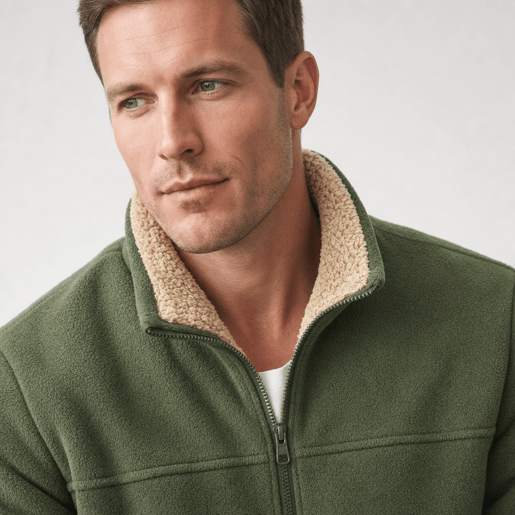Detailed view of the olive green jacket, highlighting the beige collar, zipper, and upper chest.