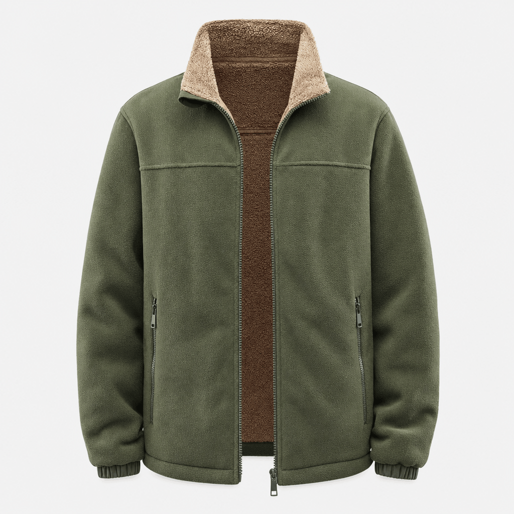 Olive green zip-up jacket with a contrasting beige stand collar and full front zipper.