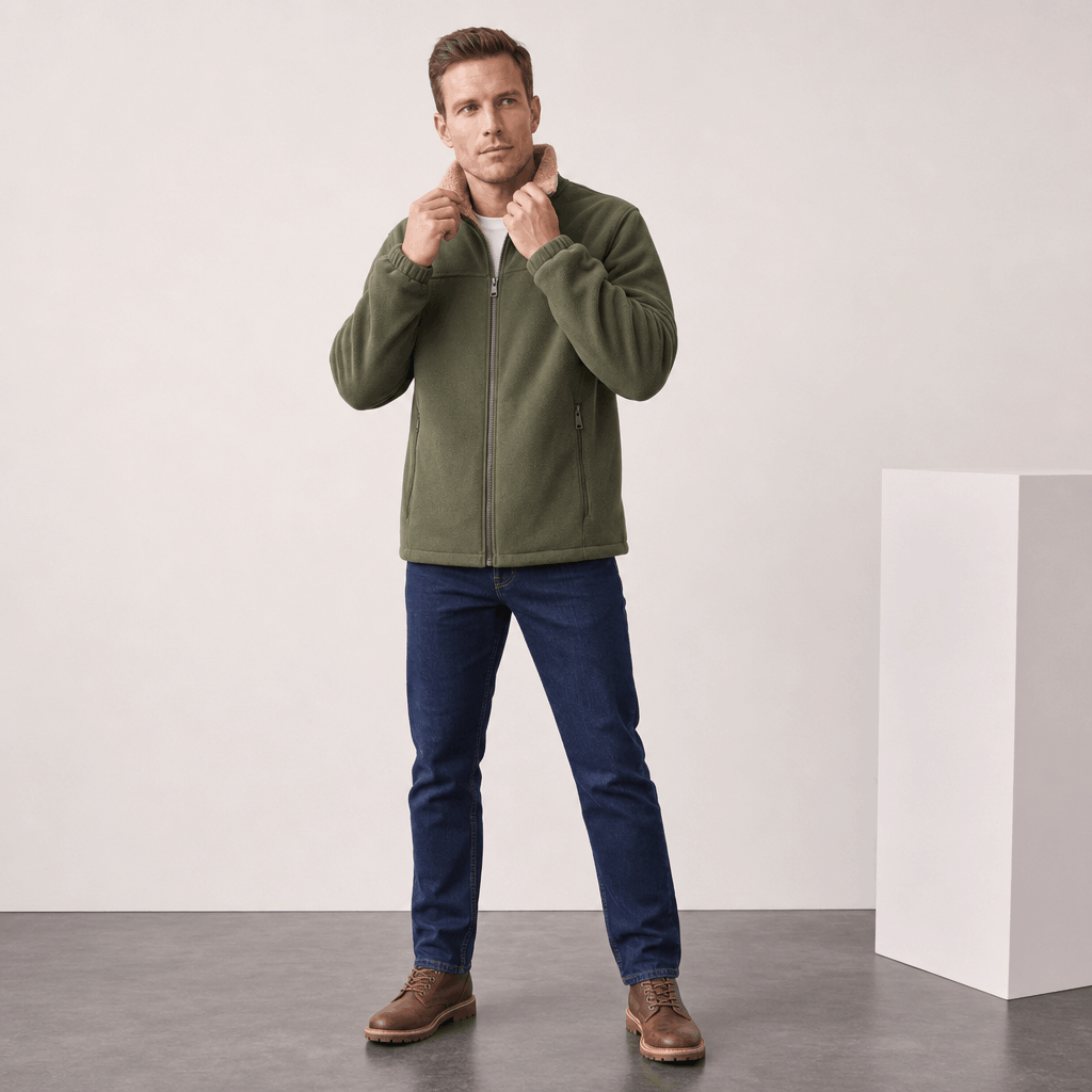 Male model wearing the olive green zip-up jacket with dark pants.