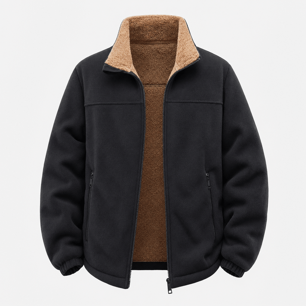Black zip-up jacket with a contrasting beige stand collar and full front zipper.
