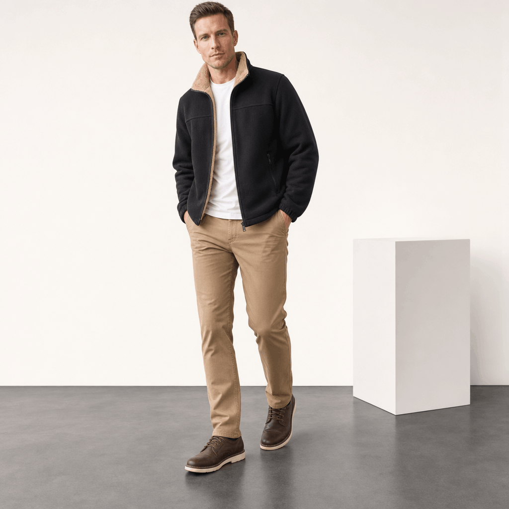 Male model wearing the black zip-up jacket with khaki pants.
