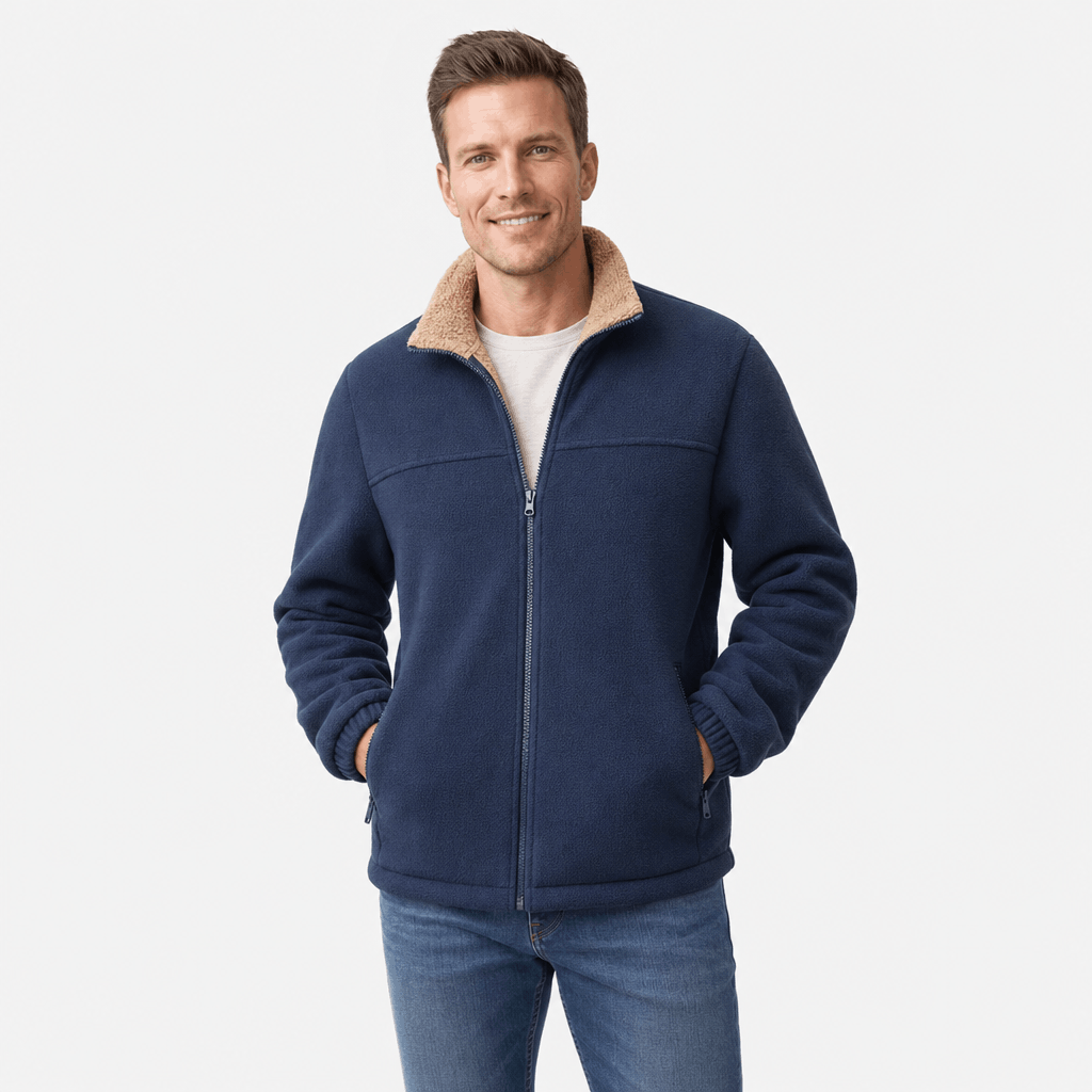 Male model wearing a navy blue zip-up jacket with a beige stand collar.