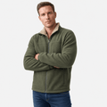 Male model wearing an olive green zip-up jacket with a beige stand collar and soft textured finish.