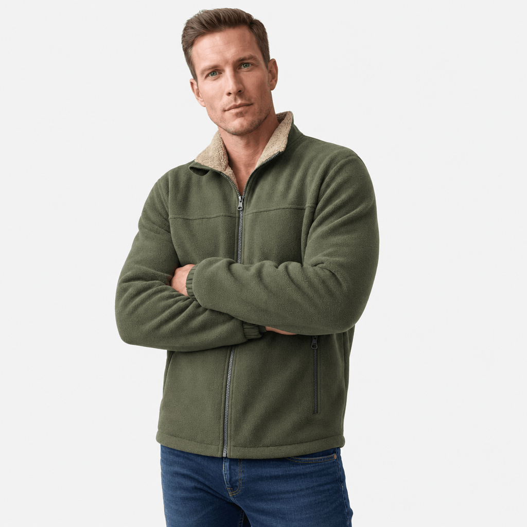 Male model wearing an olive green zip-up jacket with a beige stand collar and soft textured finish.