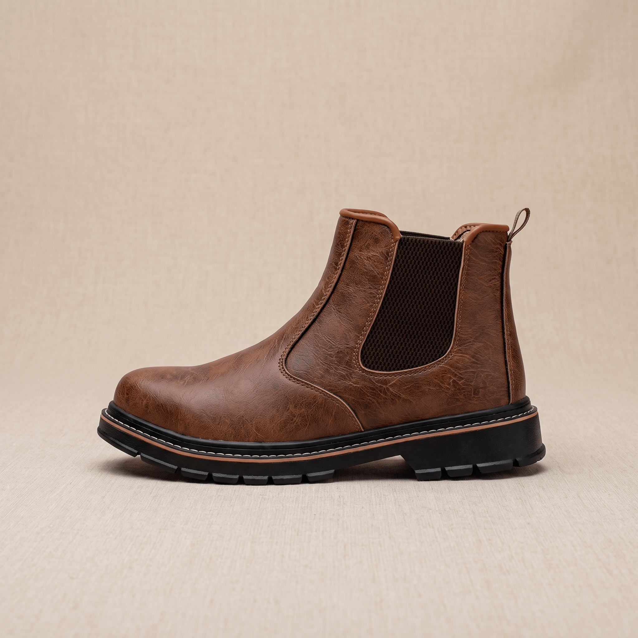 Single brown Chelsea boot showing the elastic side panel, pull tab, smooth leather upper, and textured rubber sole.