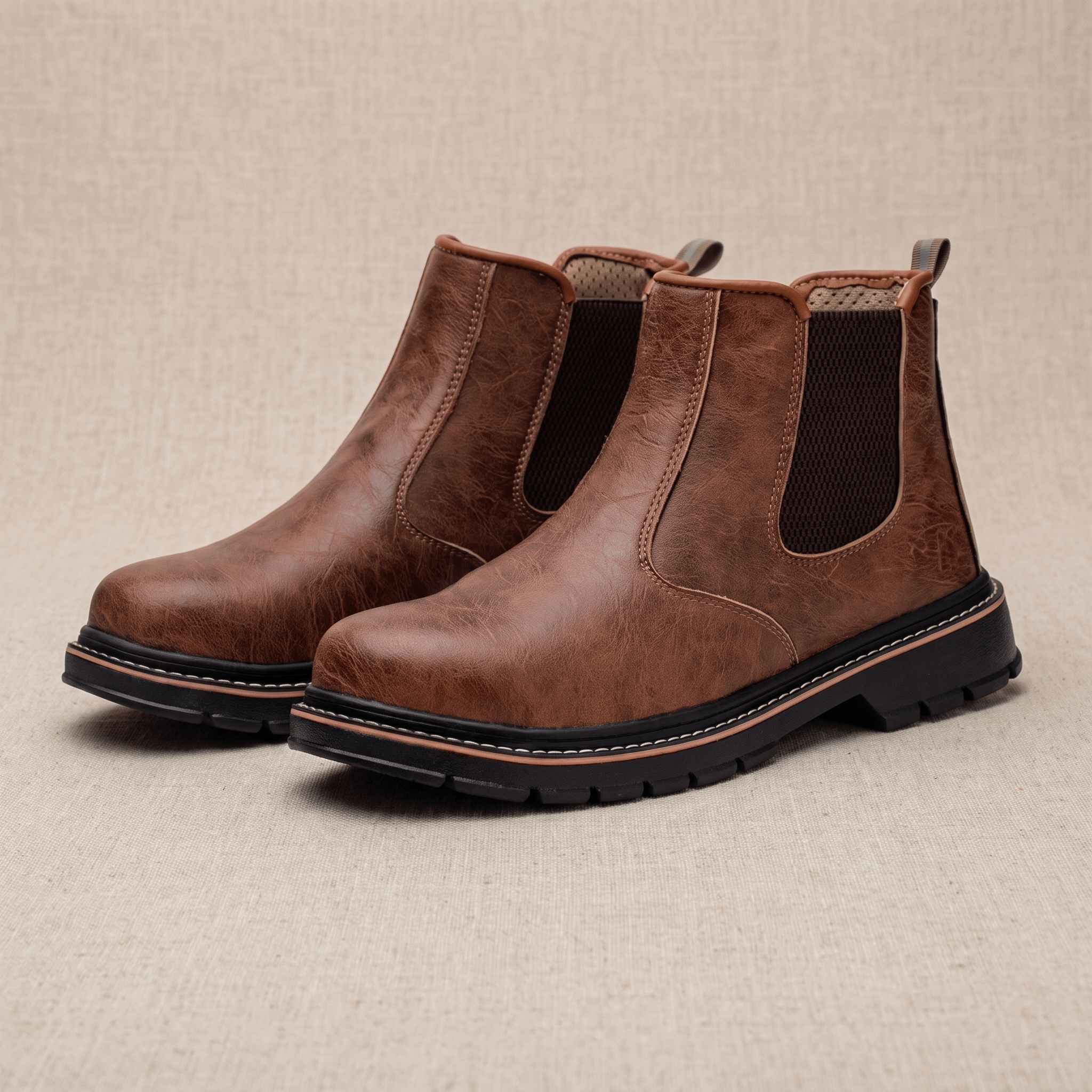 Pair of brown leather Chelsea boots displayed together, highlighting the elastic panels, pull tabs, and rugged soles.