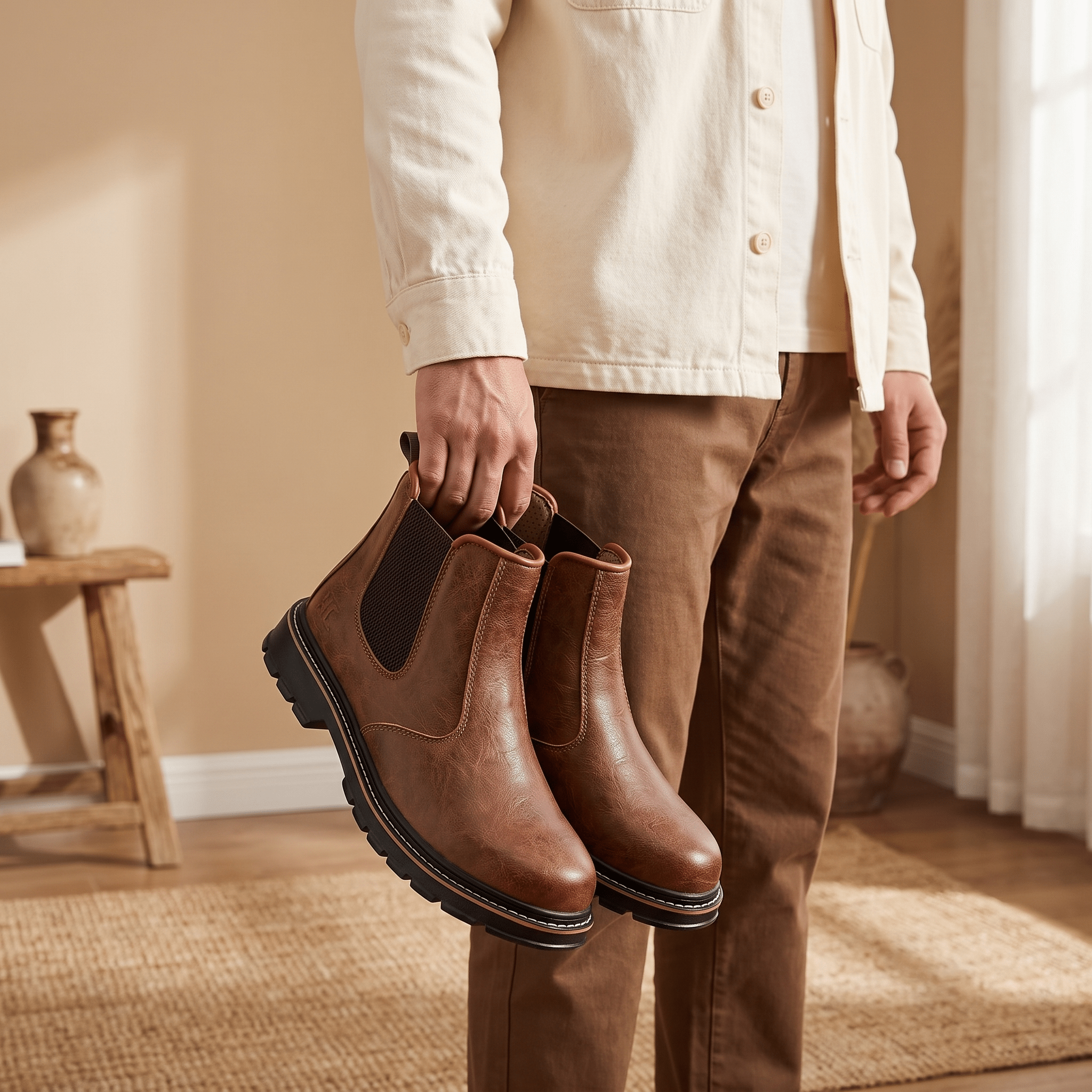 Person holding a pair of brown Chelsea boots indoors, showing the side profile and elastic panels.