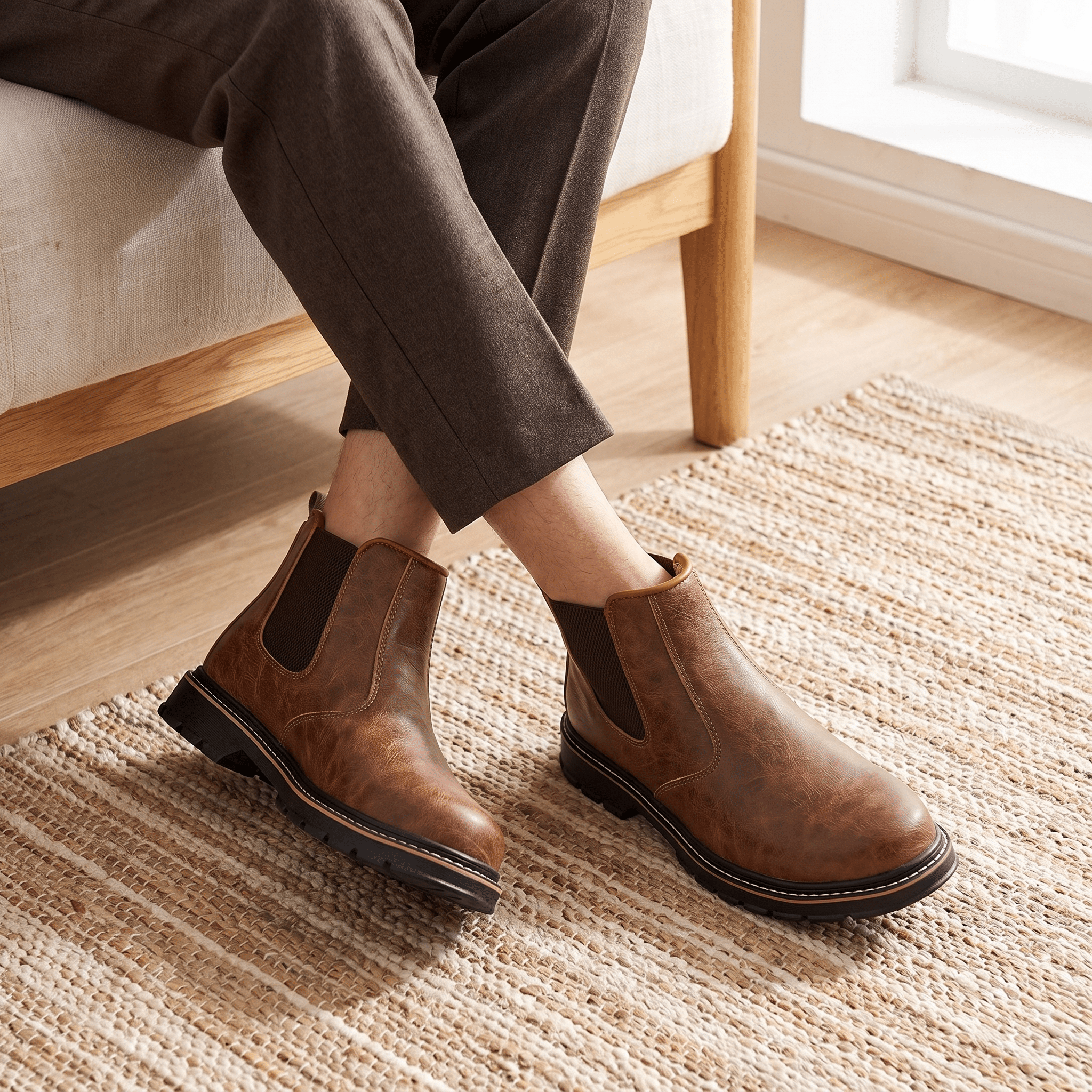Person wearing brown Chelsea boots while seated, showing the side profile and rugged lug soles.