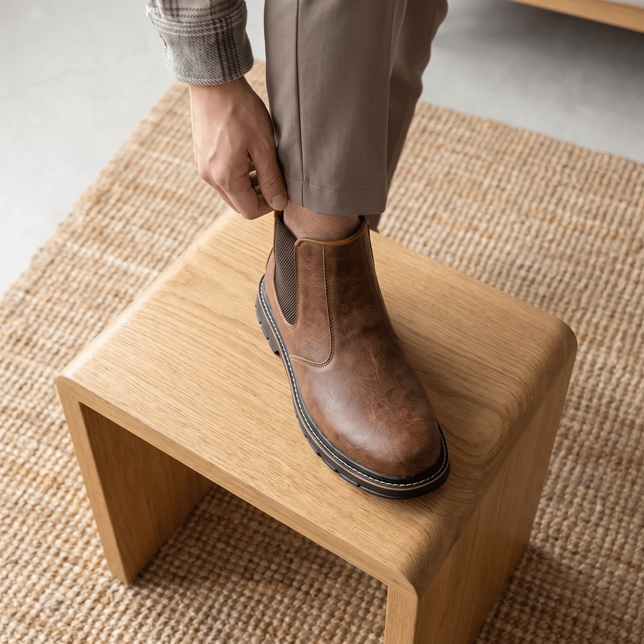 Close-up of a person wearing a brown Chelsea boot while standing on a wooden stool.
