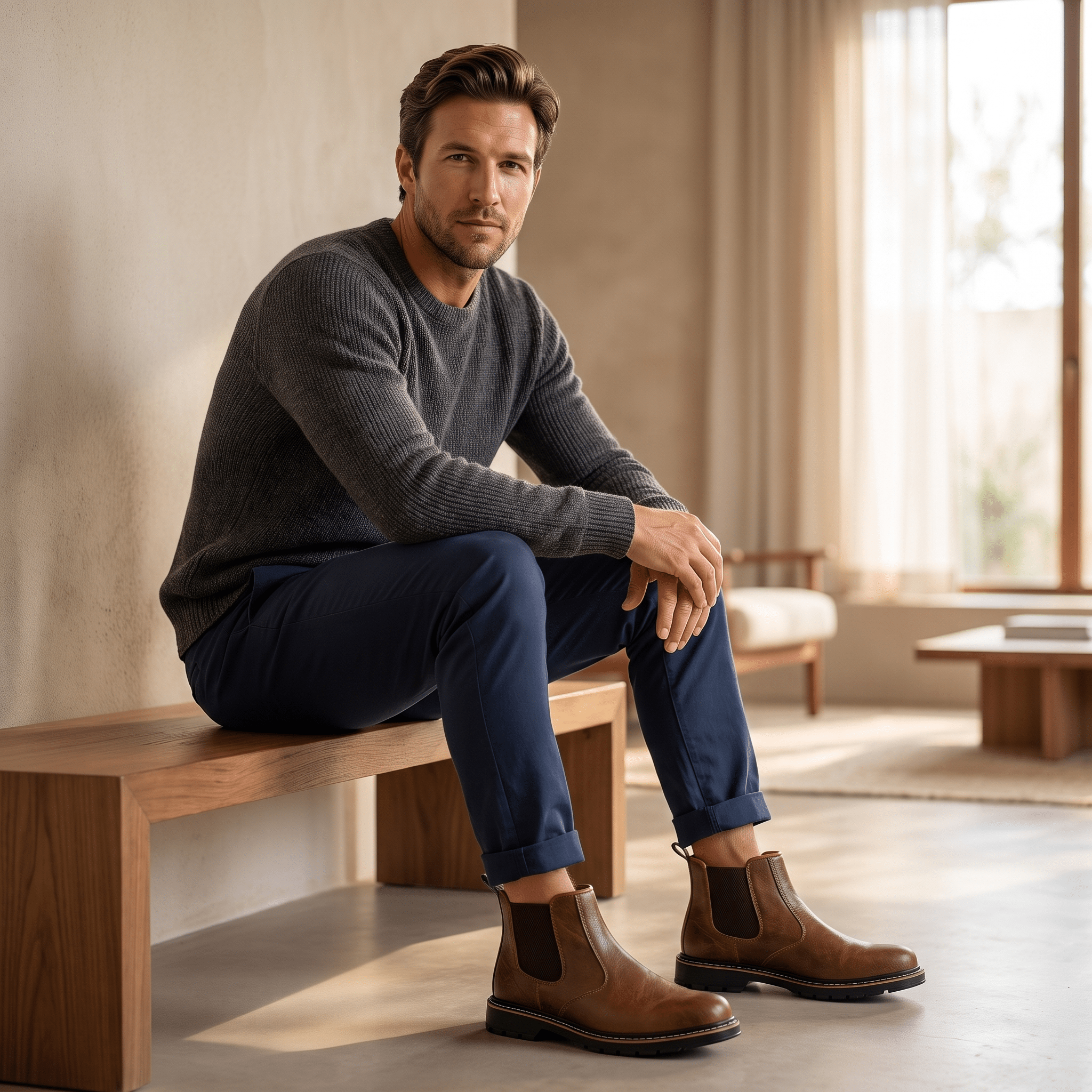 Man seated indoors wearing brown Chelsea boots with dark trousers, highlighting the boots’ sleek profile.