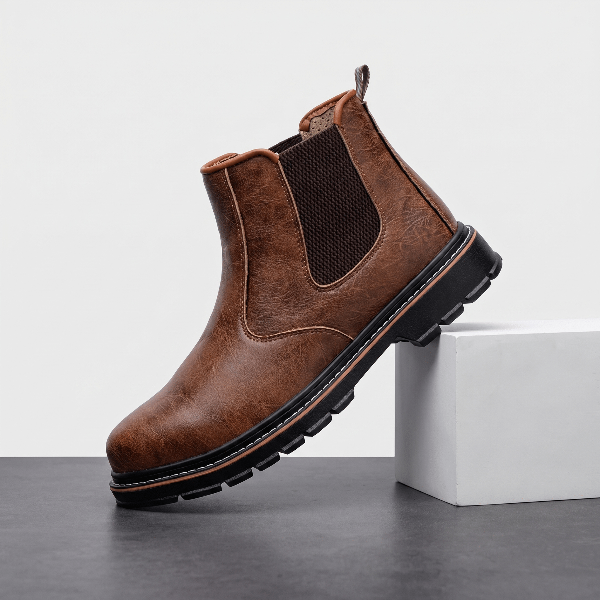 Brown leather Chelsea boot with dark elastic side panels, rear pull tab, stitched detailing, and rugged lug sole displayed on a white pedestal.