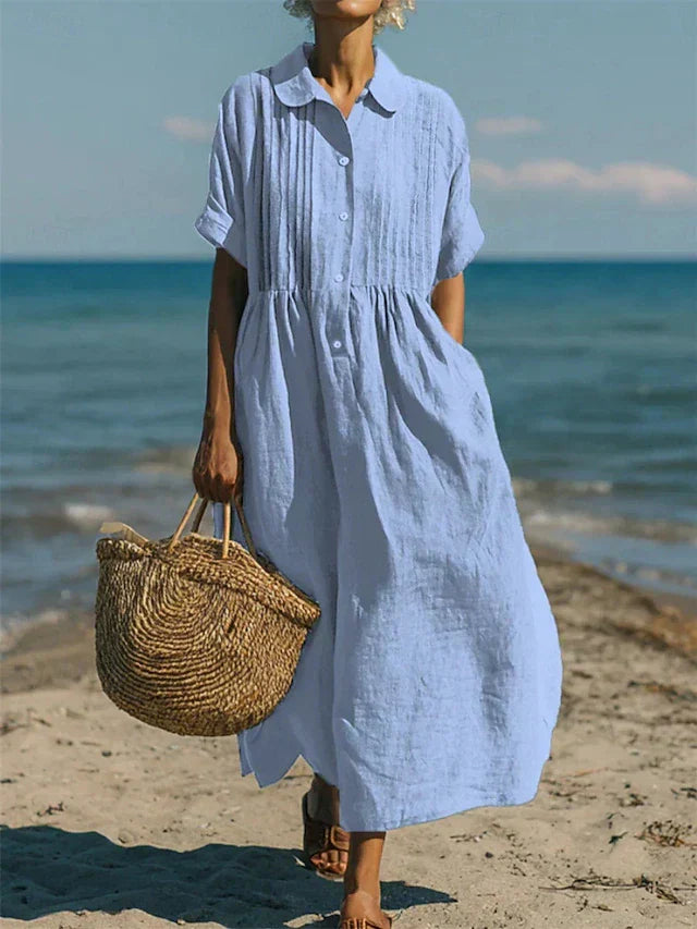 Luciana Cotton Button Up Shirt Dress – Lightweight Midi Dress