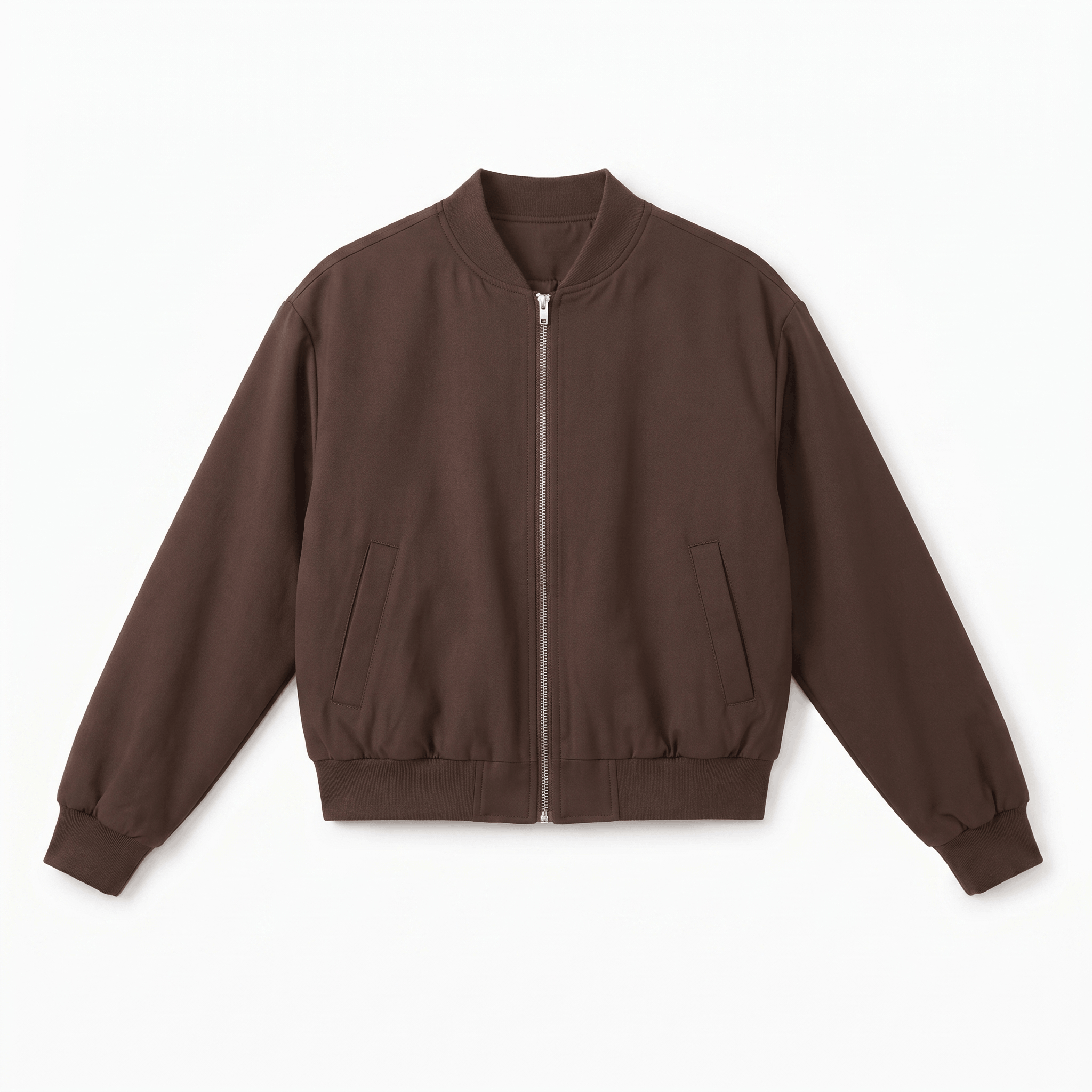 Close-up of the dark brown bomber jacket, highlighting the back, shoulder seams, and collar.