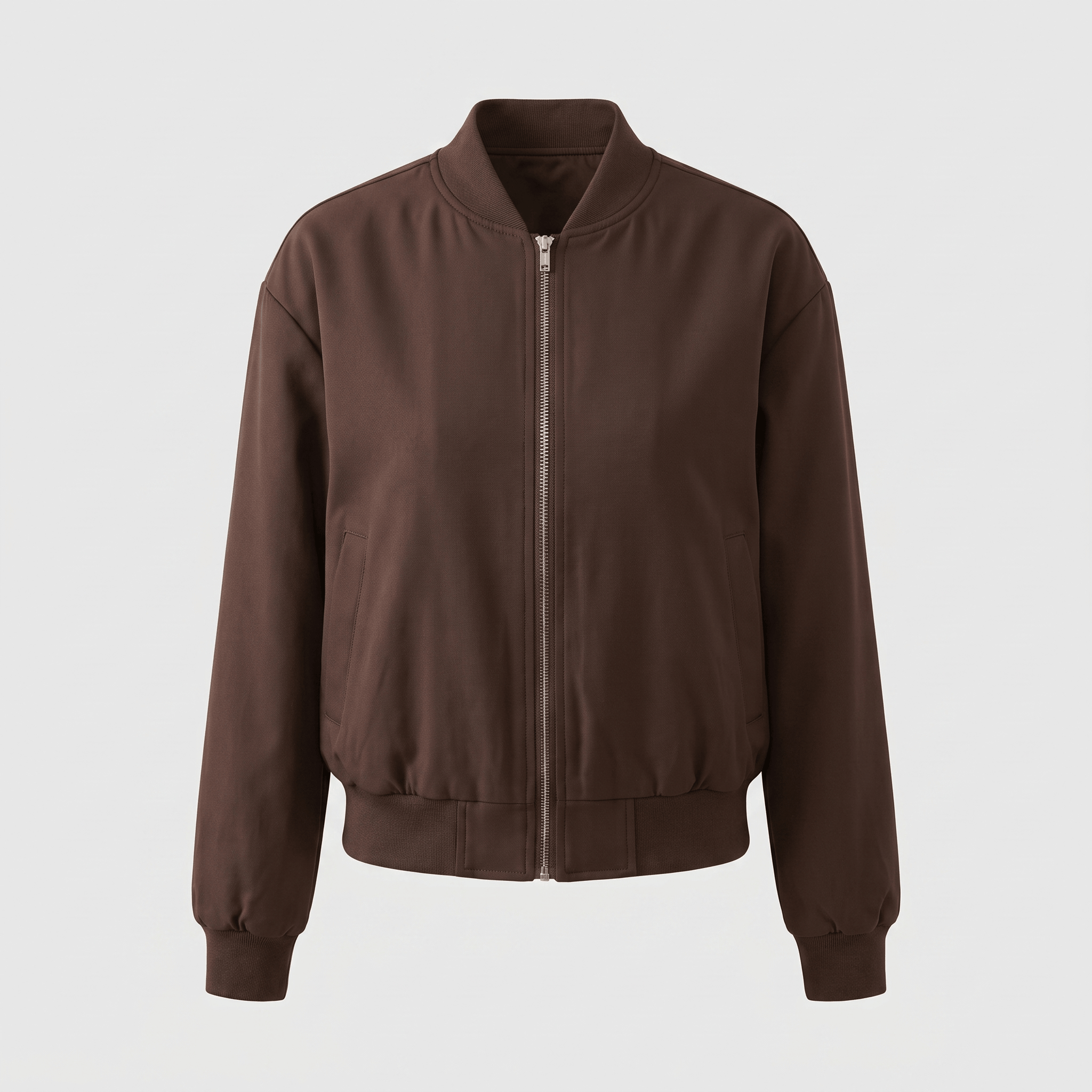 Front view of the dark brown bomber jacket with its full-length zipper and ribbed trim.