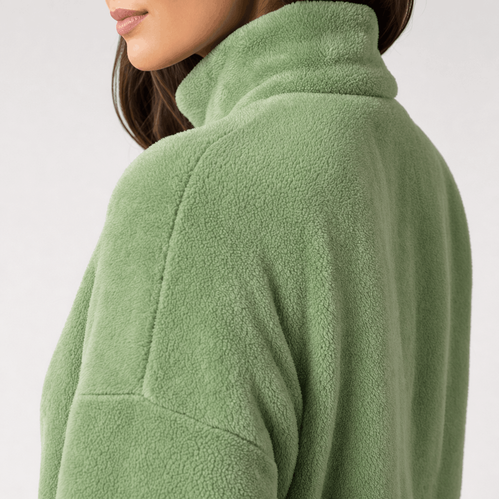 Back and side close-up of a light green sherpa fleece zip-up jacket, highlighting the plush texture and high collar.