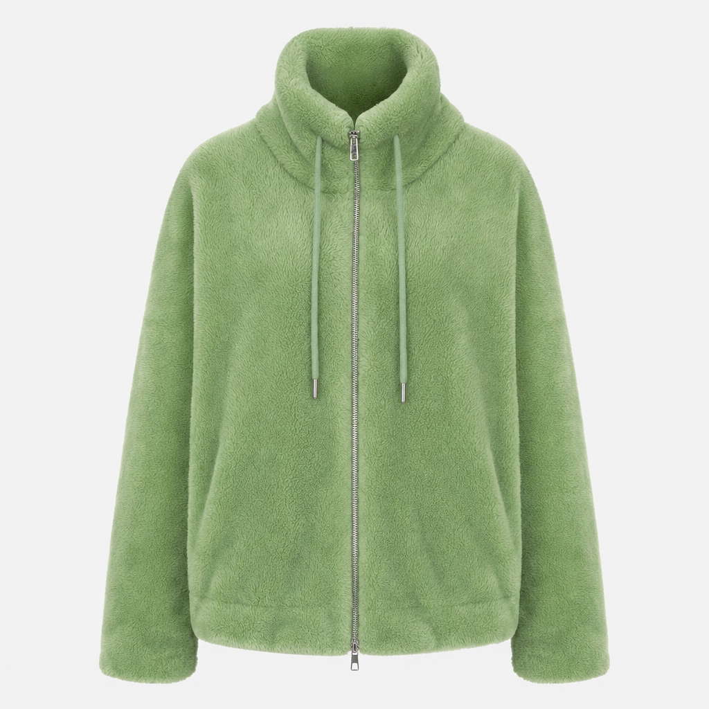 Front product view of the light green sherpa fleece zip-up jacket with a high collar and long sleeves.
