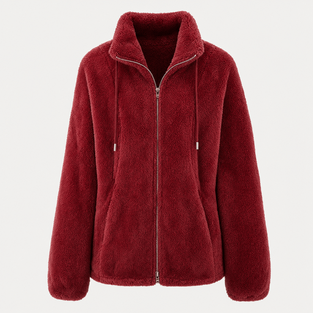 Front product view of the deep red sherpa fleece zip-up jacket with a high collar and long sleeves.