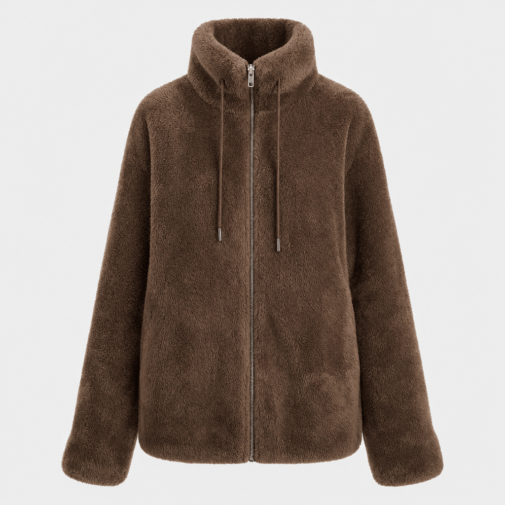 Front product view of the brown sherpa fleece zip-up jacket with a high collar and long sleeves.