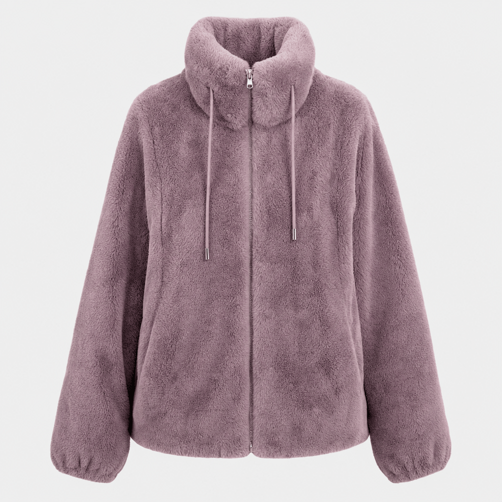 Front product view of a dusty purple sherpa fleece zip-up jacket with a high collar and long sleeves.