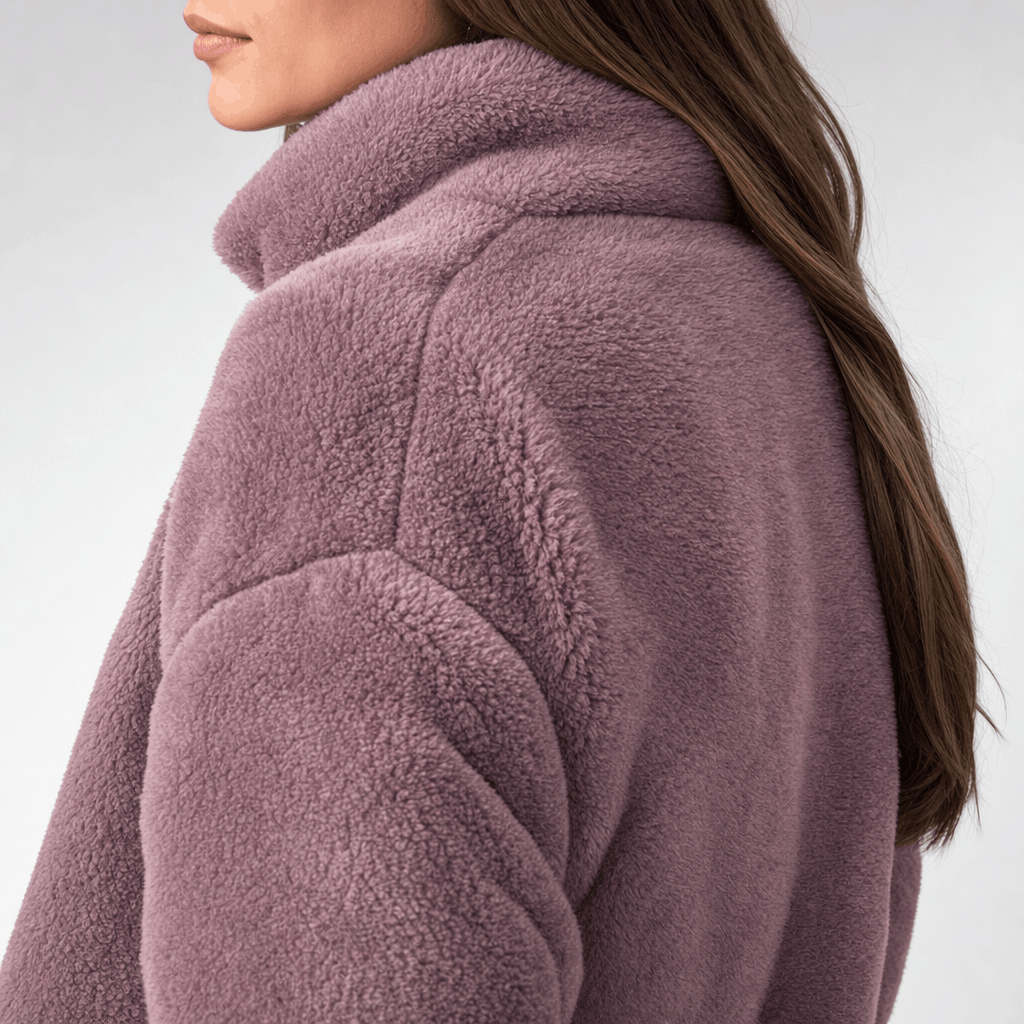 Back and side close-up of the dusty purple sherpa fleece jacket, highlighting the soft plush texture and high collar.