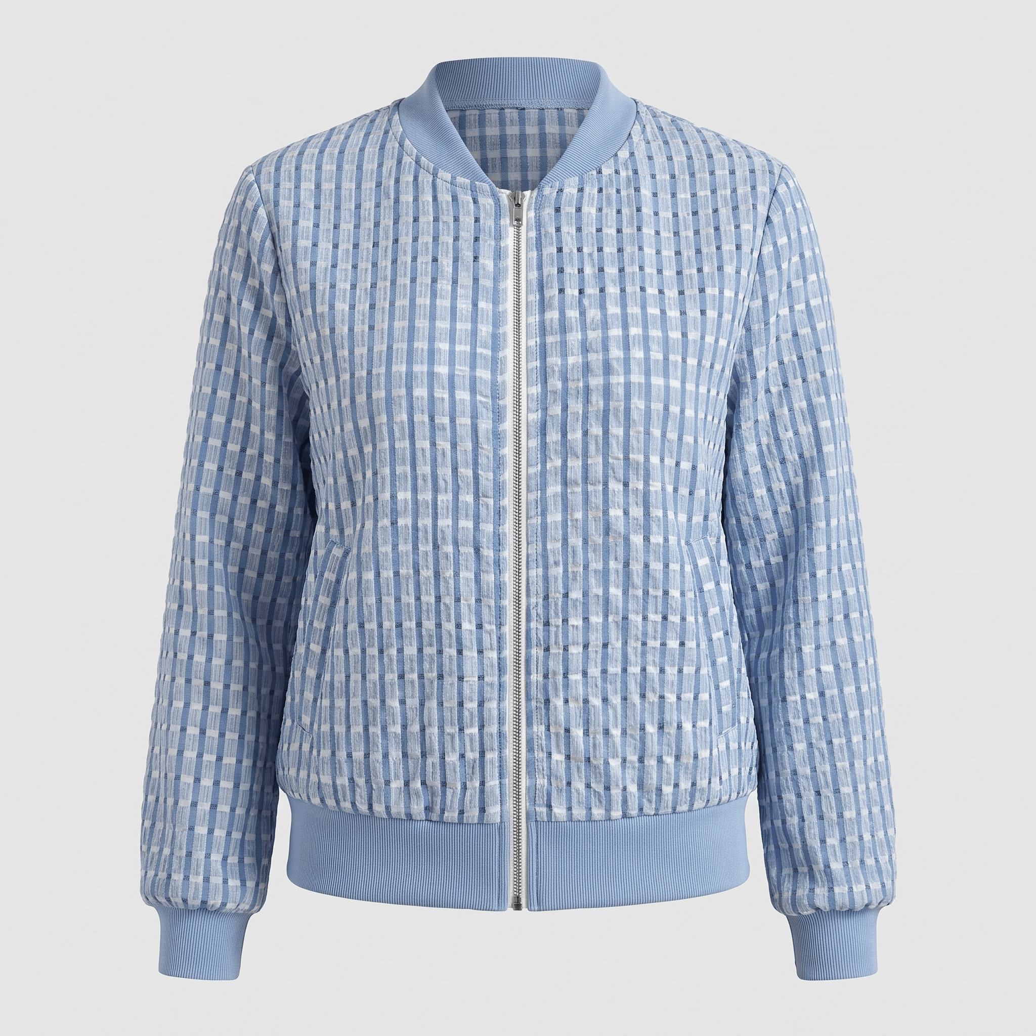 Light blue textured zip-up jacket with a stand collar, full front zipper, and ribbed cuffs and hem.