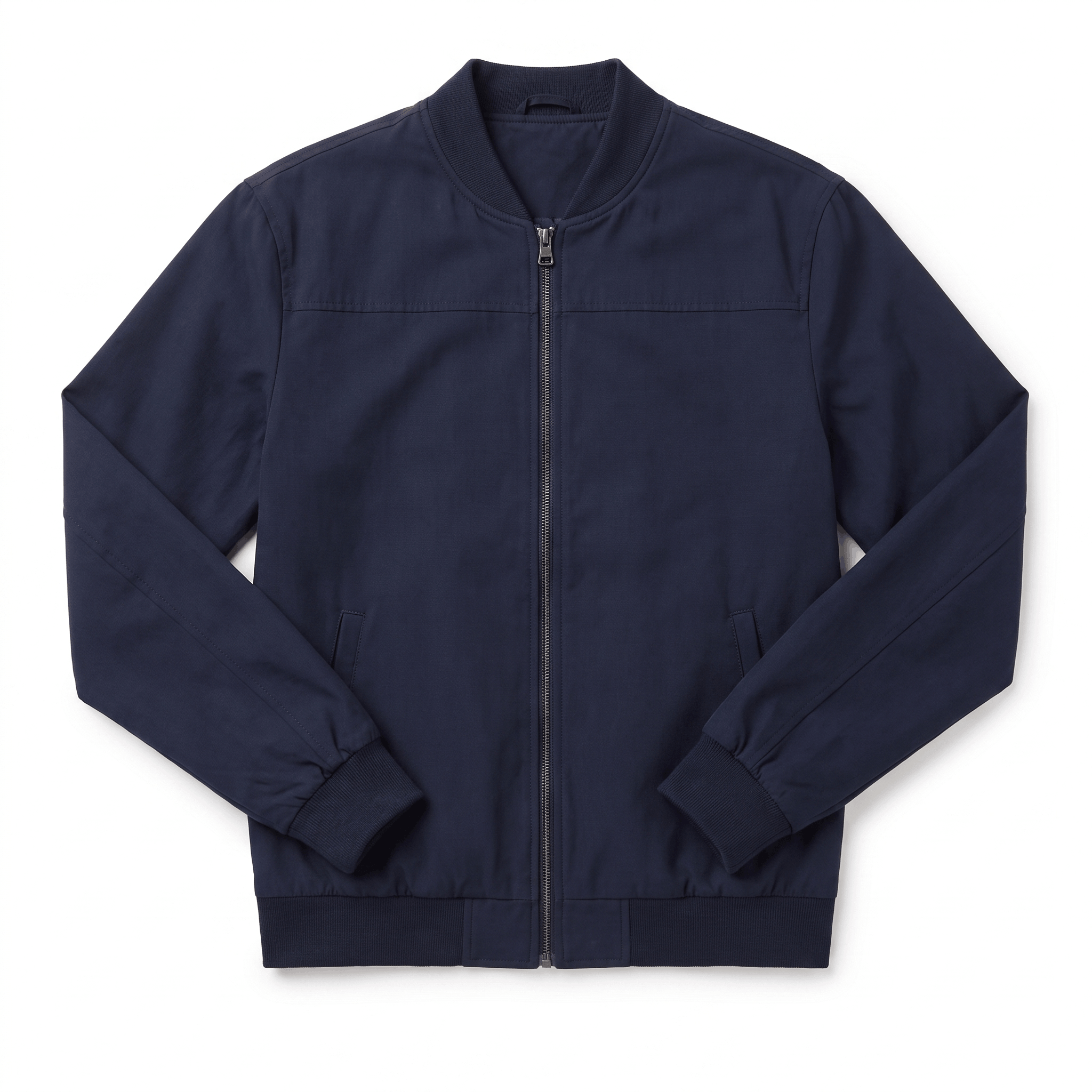 Navy blue bomber jacket with a stand collar, full front zipper, and ribbed cuffs and hem.