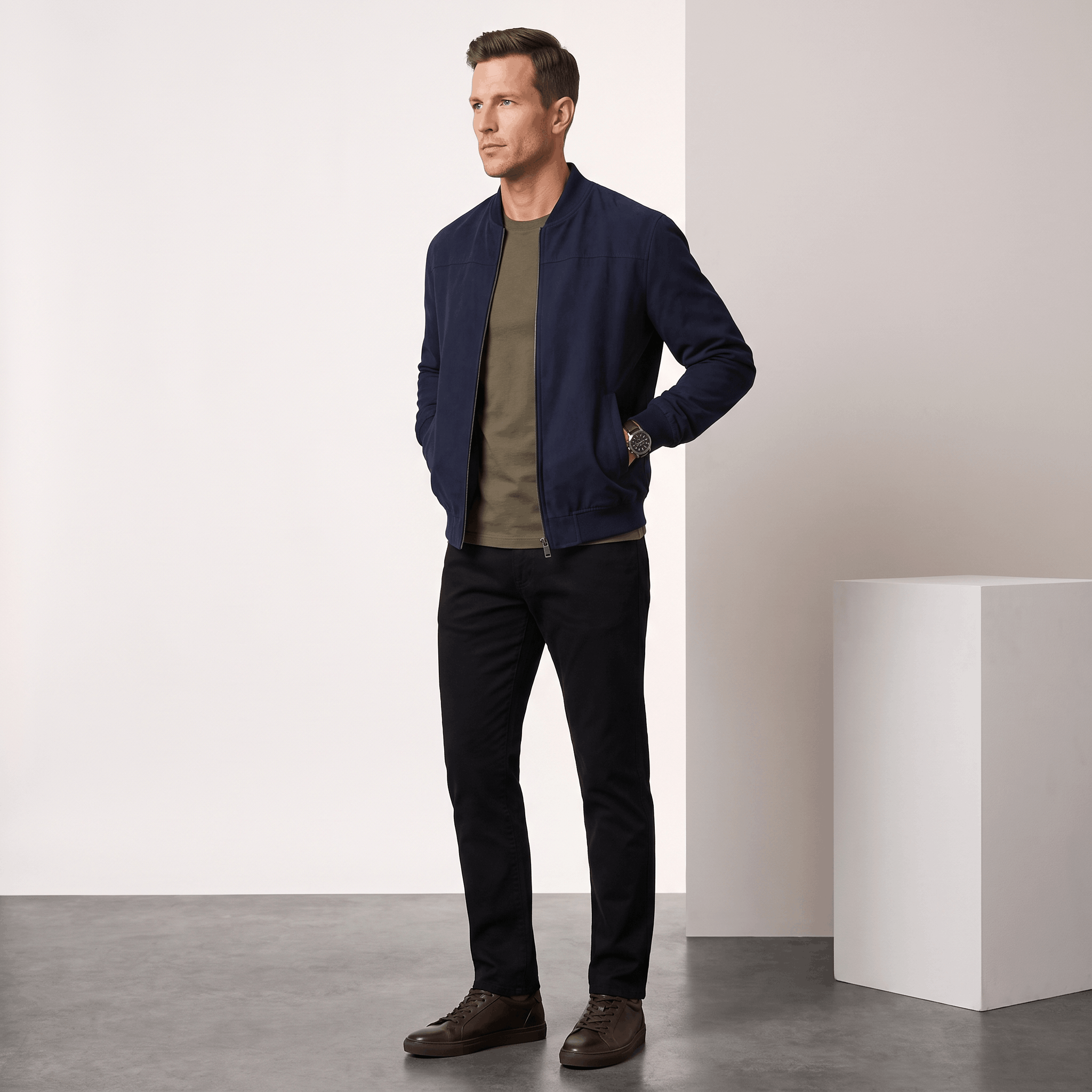 Male model wearing the navy blue bomber jacket with dark trousers and white sneakers.
