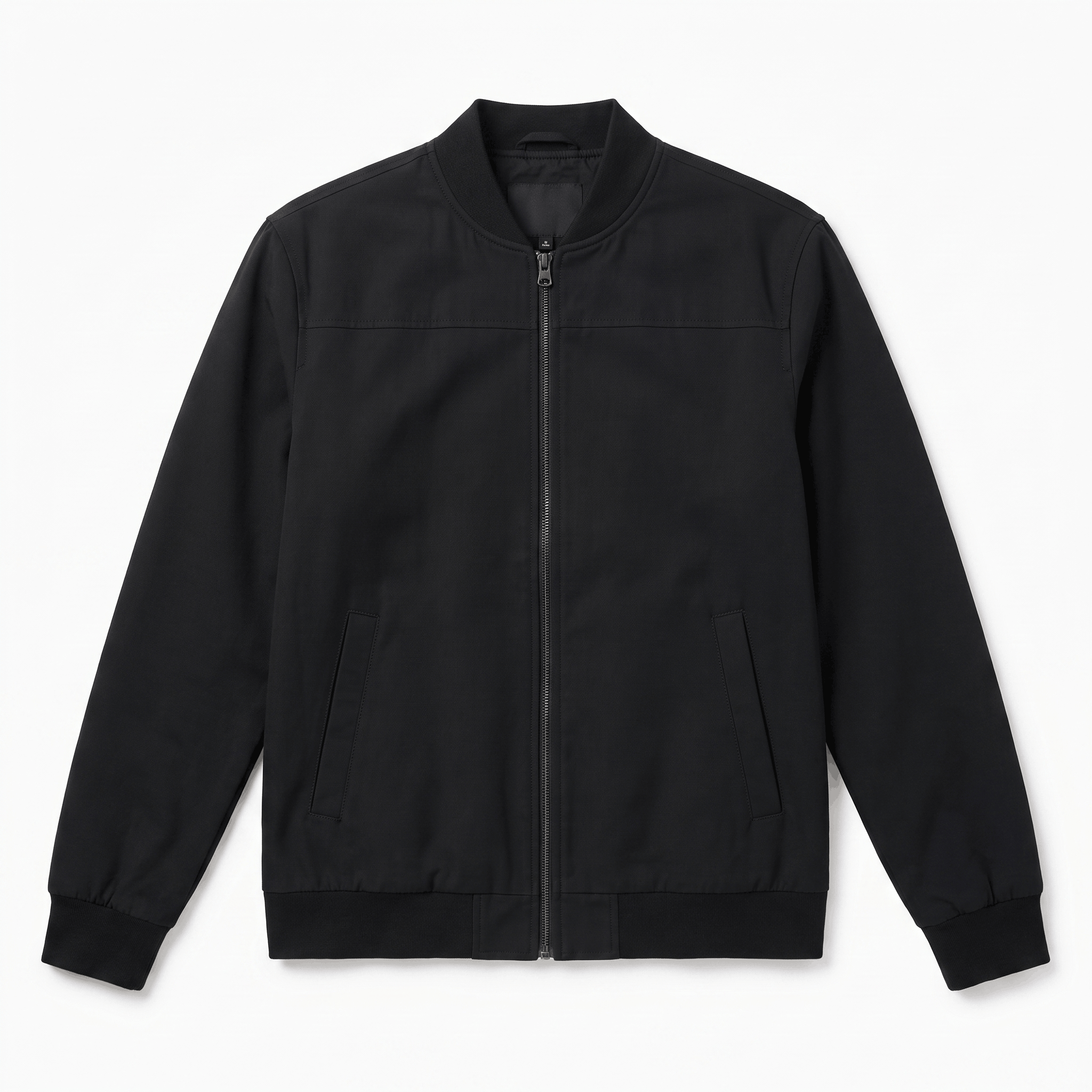 Black bomber jacket with a stand collar, full front zipper, and ribbed cuffs and hem.