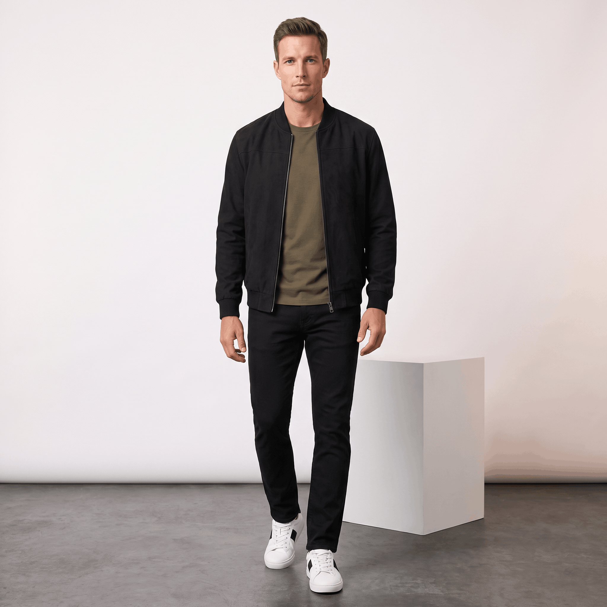 Male model wearing the black bomber jacket with dark trousers and white sneakers.