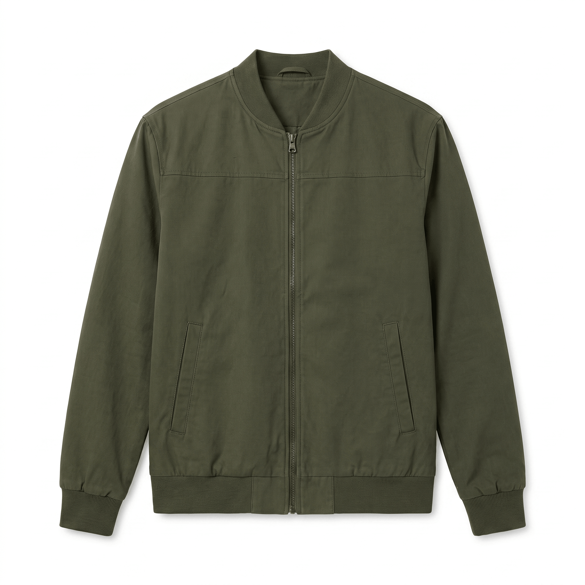Olive green bomber jacket with a stand collar, full front zipper, and ribbed cuffs and hem.