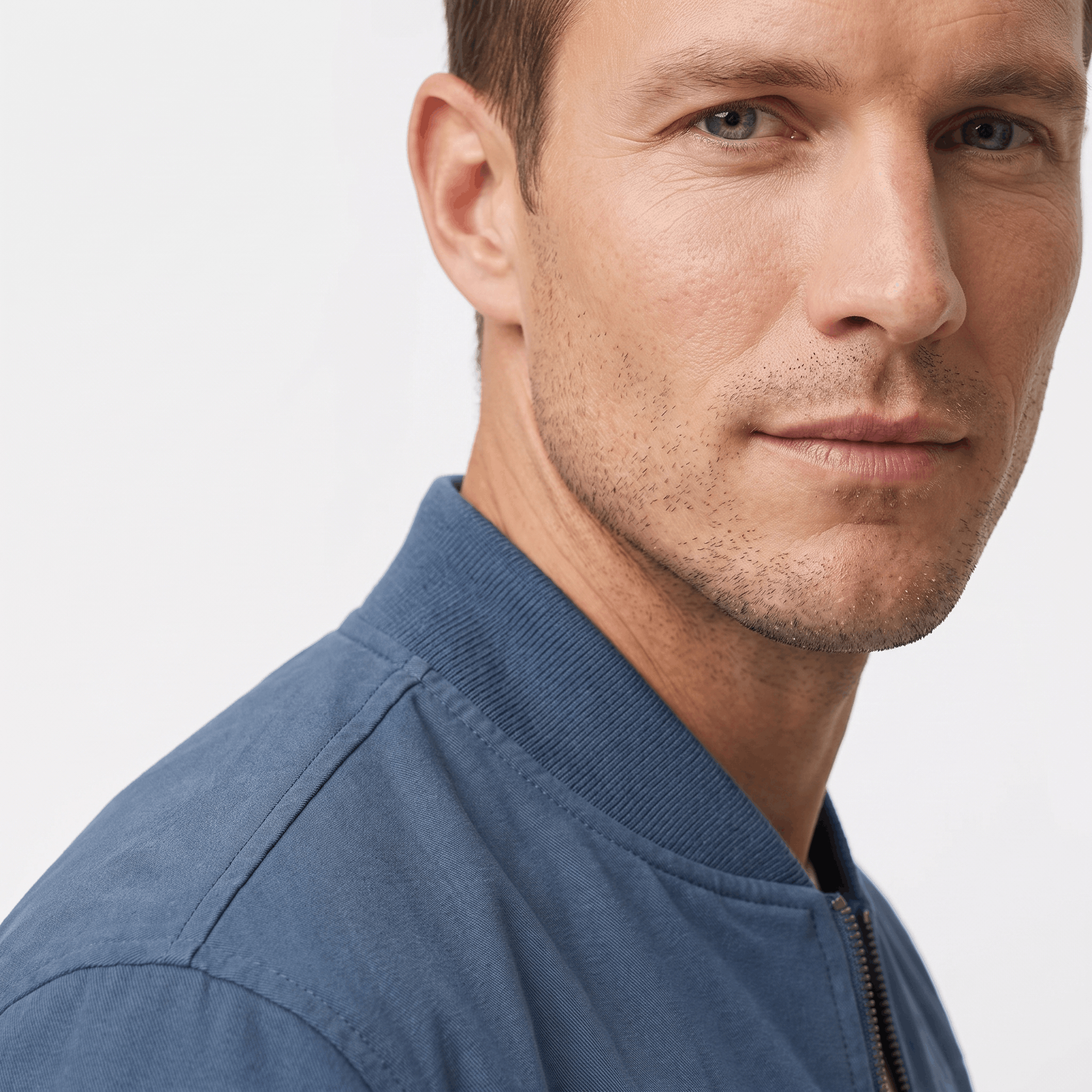 Detailed view of the blue bomber jacket, highlighting the stand collar, zipper, and shoulder seams.