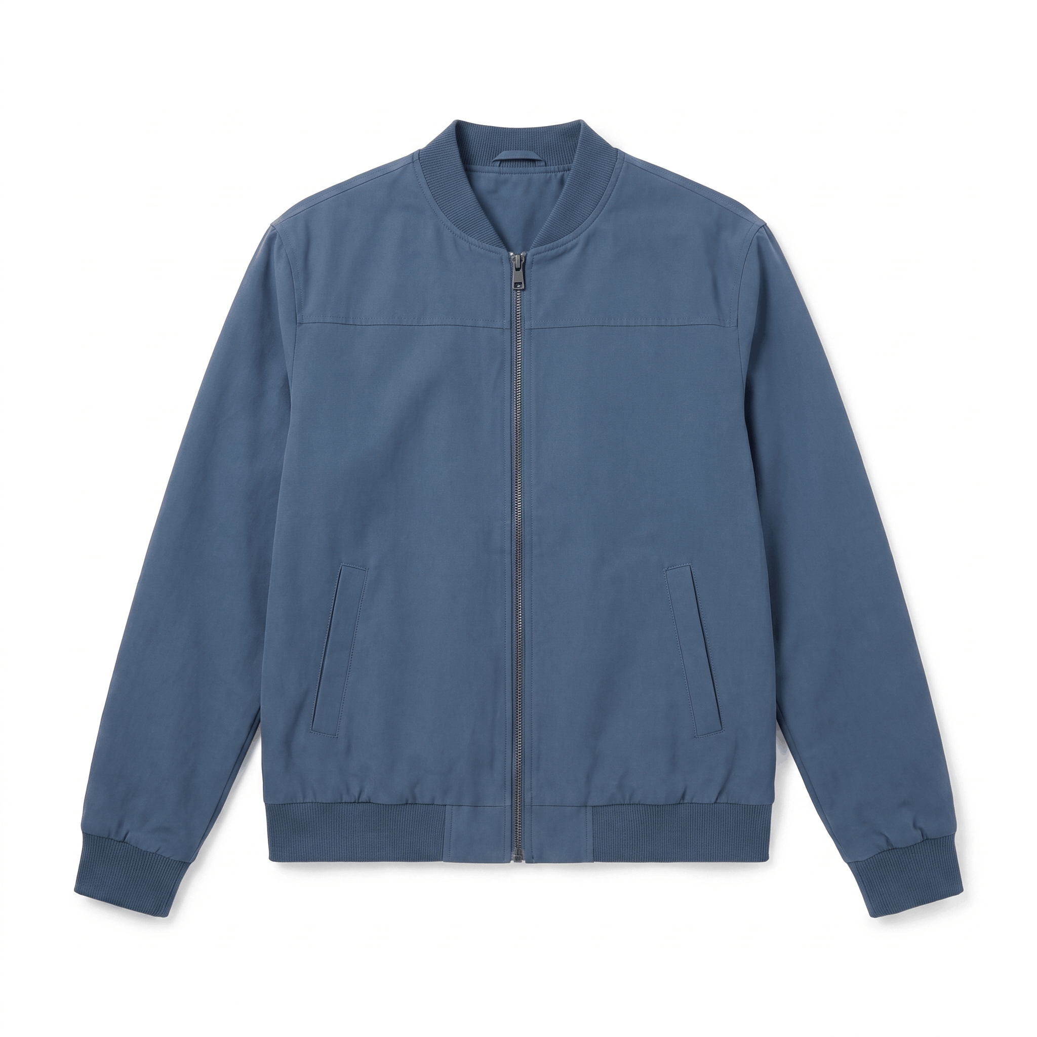 Blue bomber jacket with a stand collar, full front zipper, and ribbed cuffs and hem.