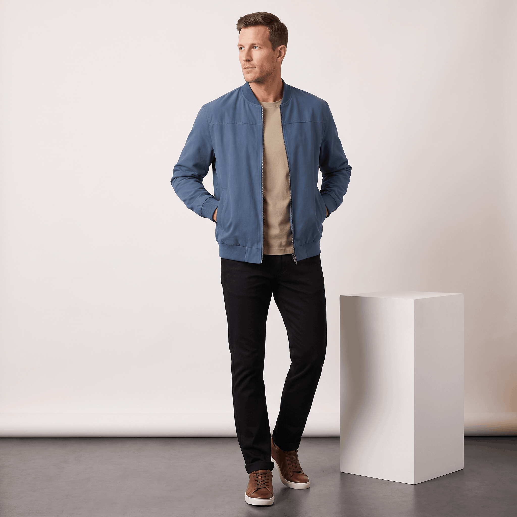 Male model wearing the blue bomber jacket with black trousers and white sneakers.