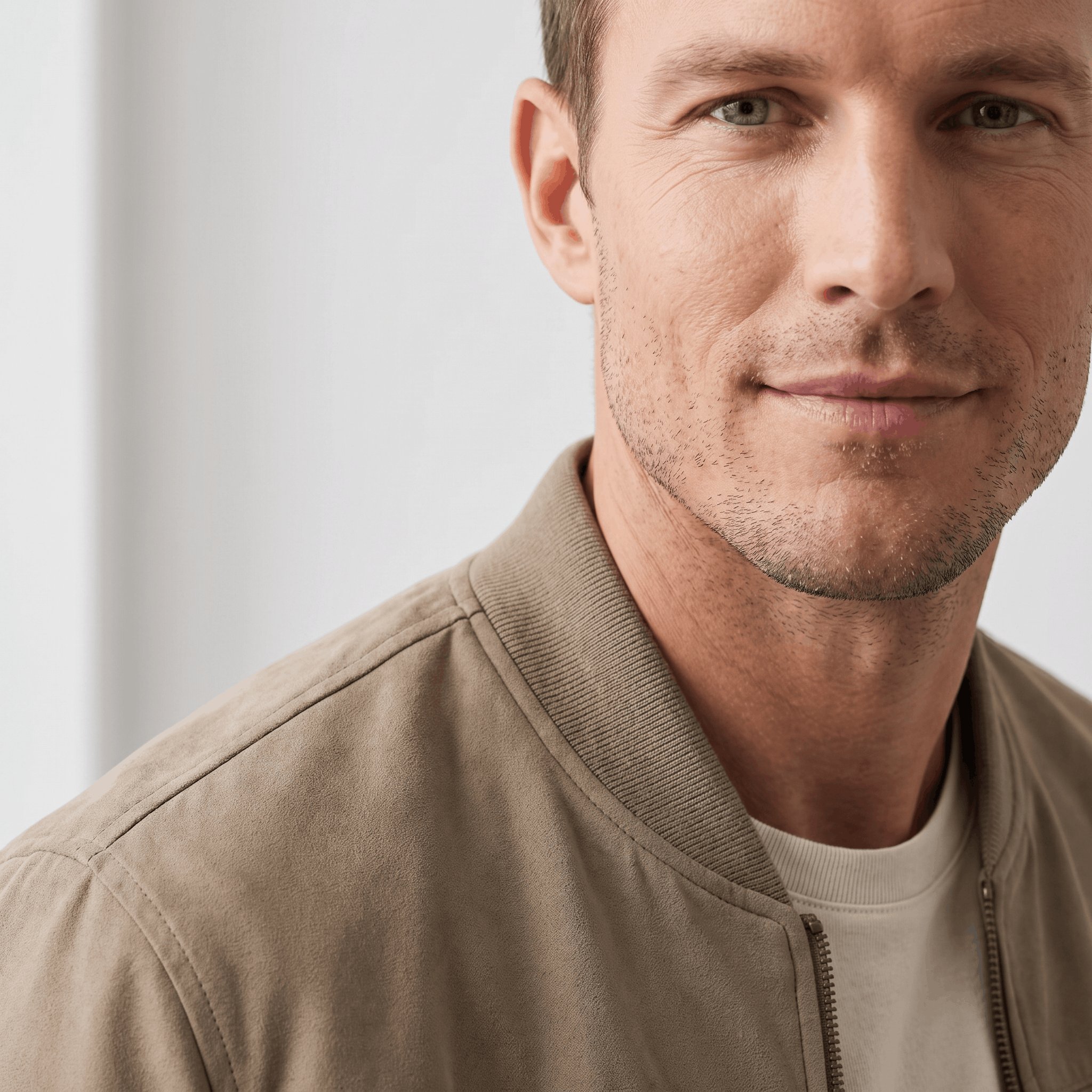 Detailed view of the beige bomber jacket, highlighting the stand collar, zipper, and front panel.