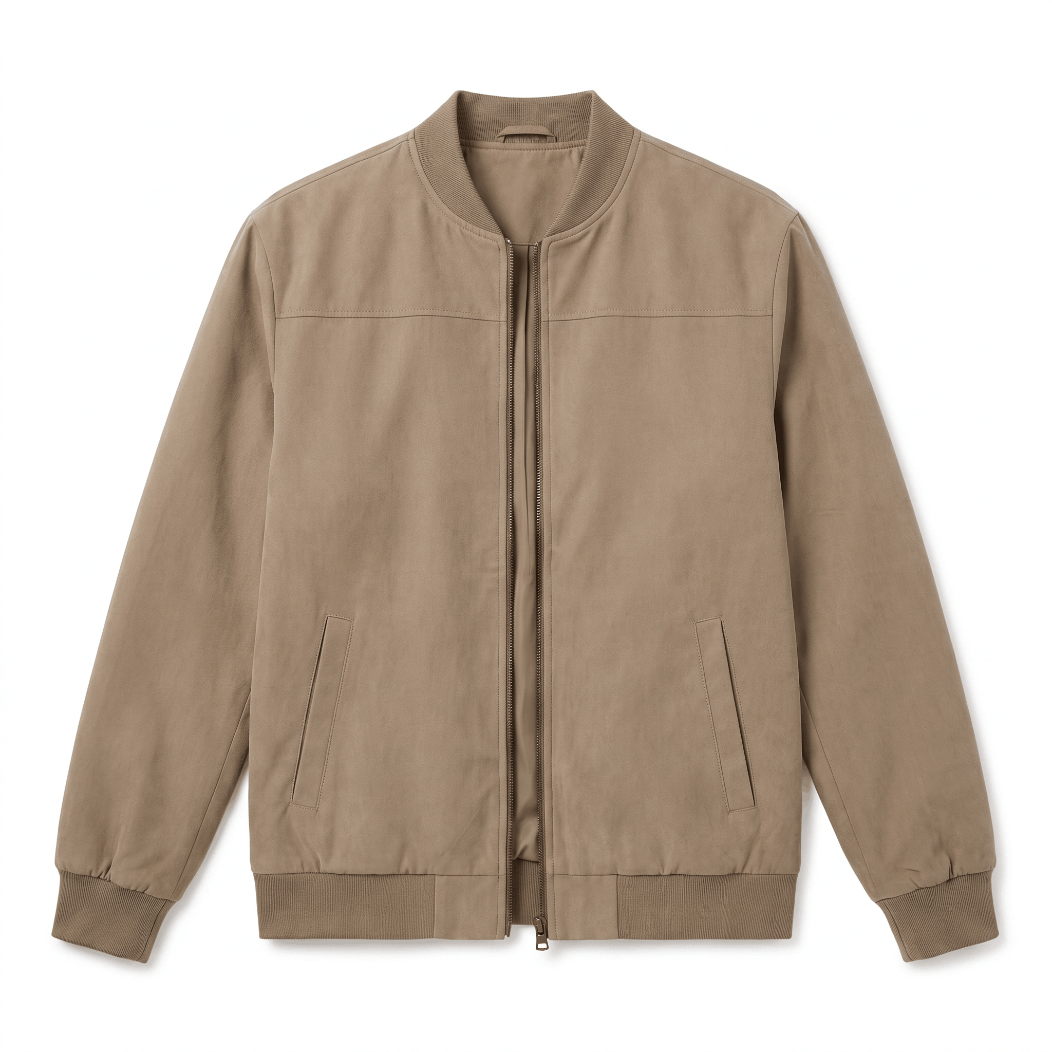 Beige bomber jacket with a stand collar, full front zipper, and ribbed cuffs and hem.