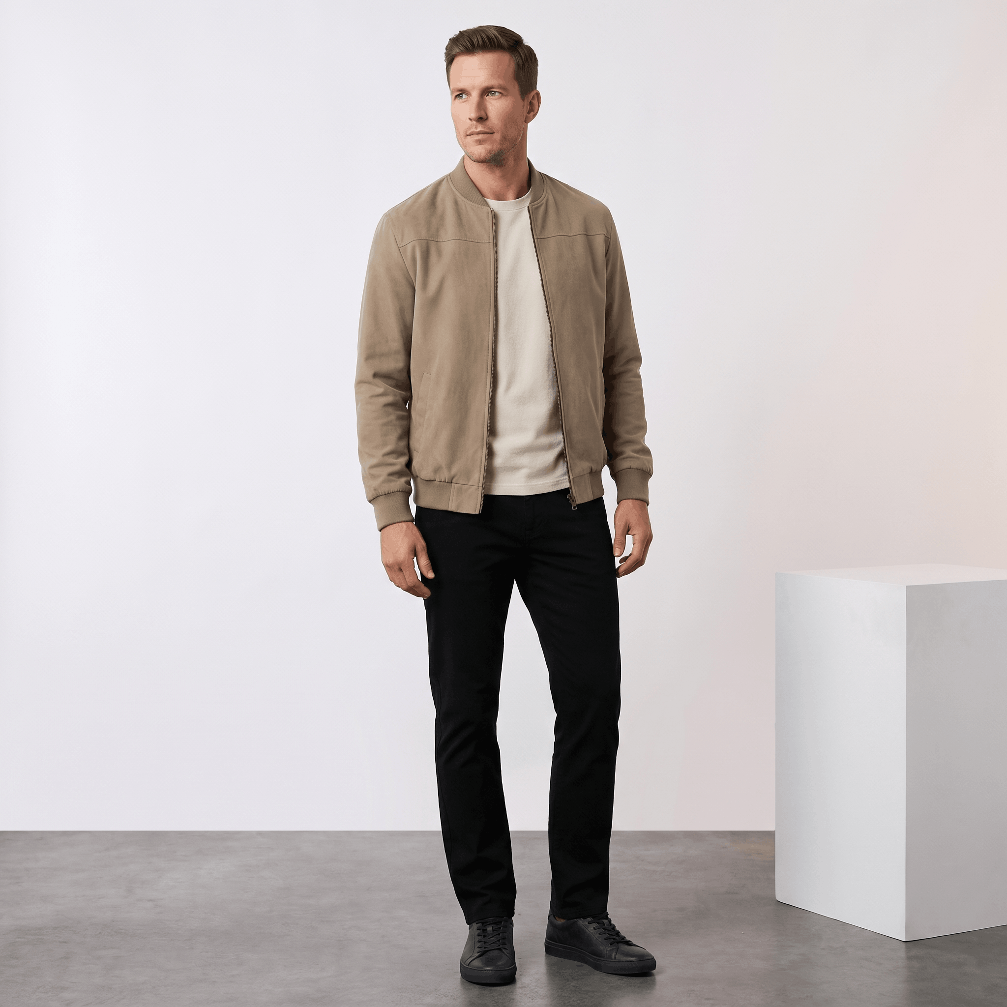 Male model wearing the beige bomber jacket with black trousers and white sneakers.