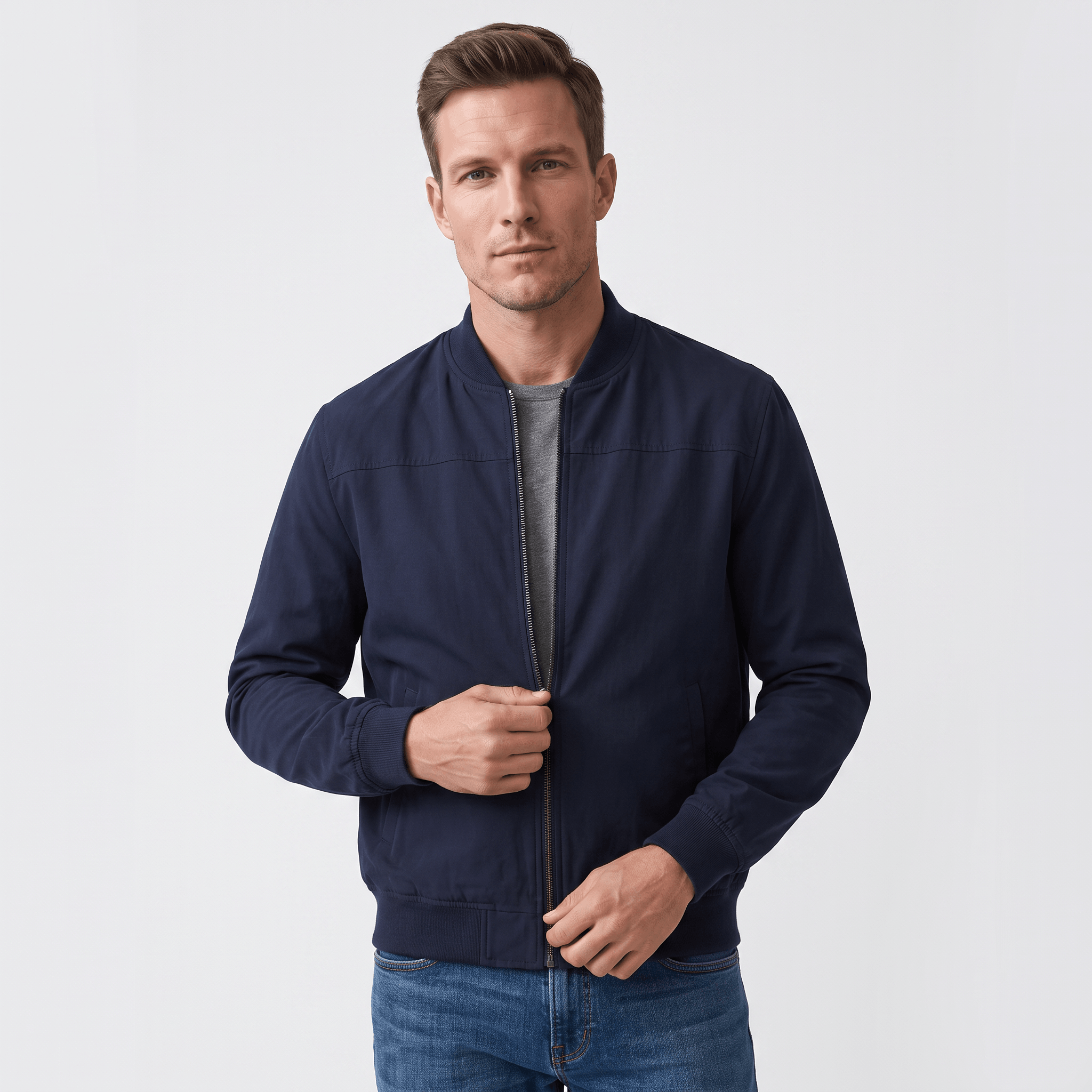 Male model wearing a navy blue bomber jacket over a light-colored shirt.