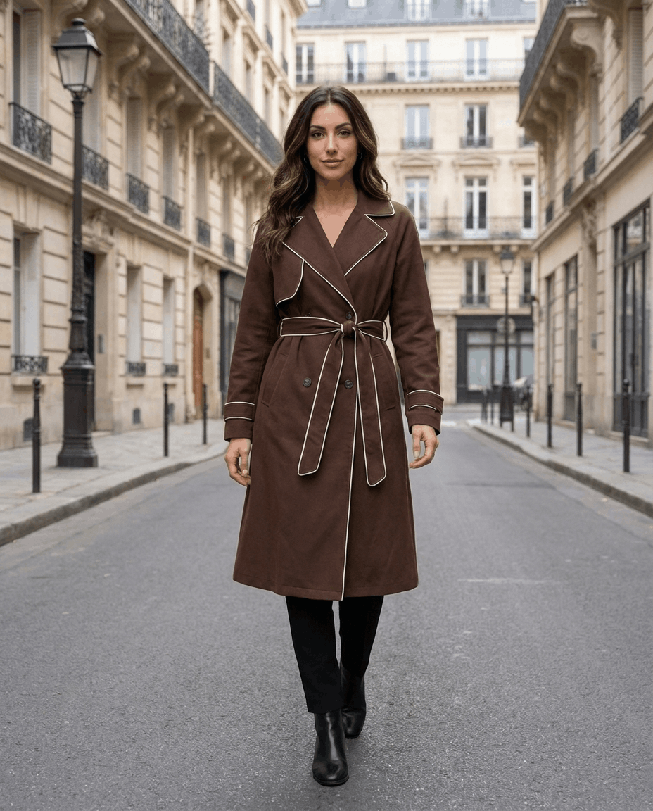 Brown belted trench coat for women worn by a female model on a Paris street, featuring contrast stitching and tie belt
