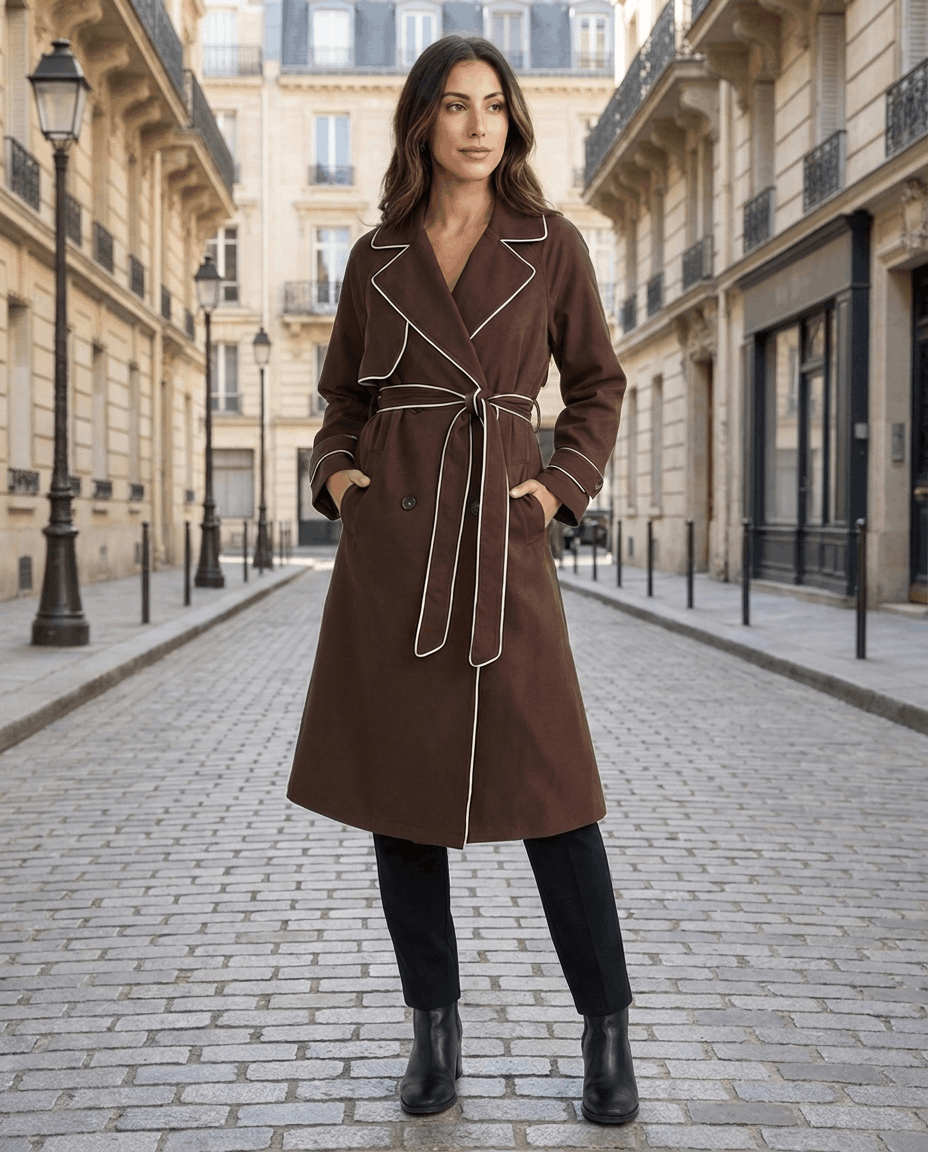 Brown belted trench coat for women worn by a female model on a Paris street, front view with defined waist and tie belt